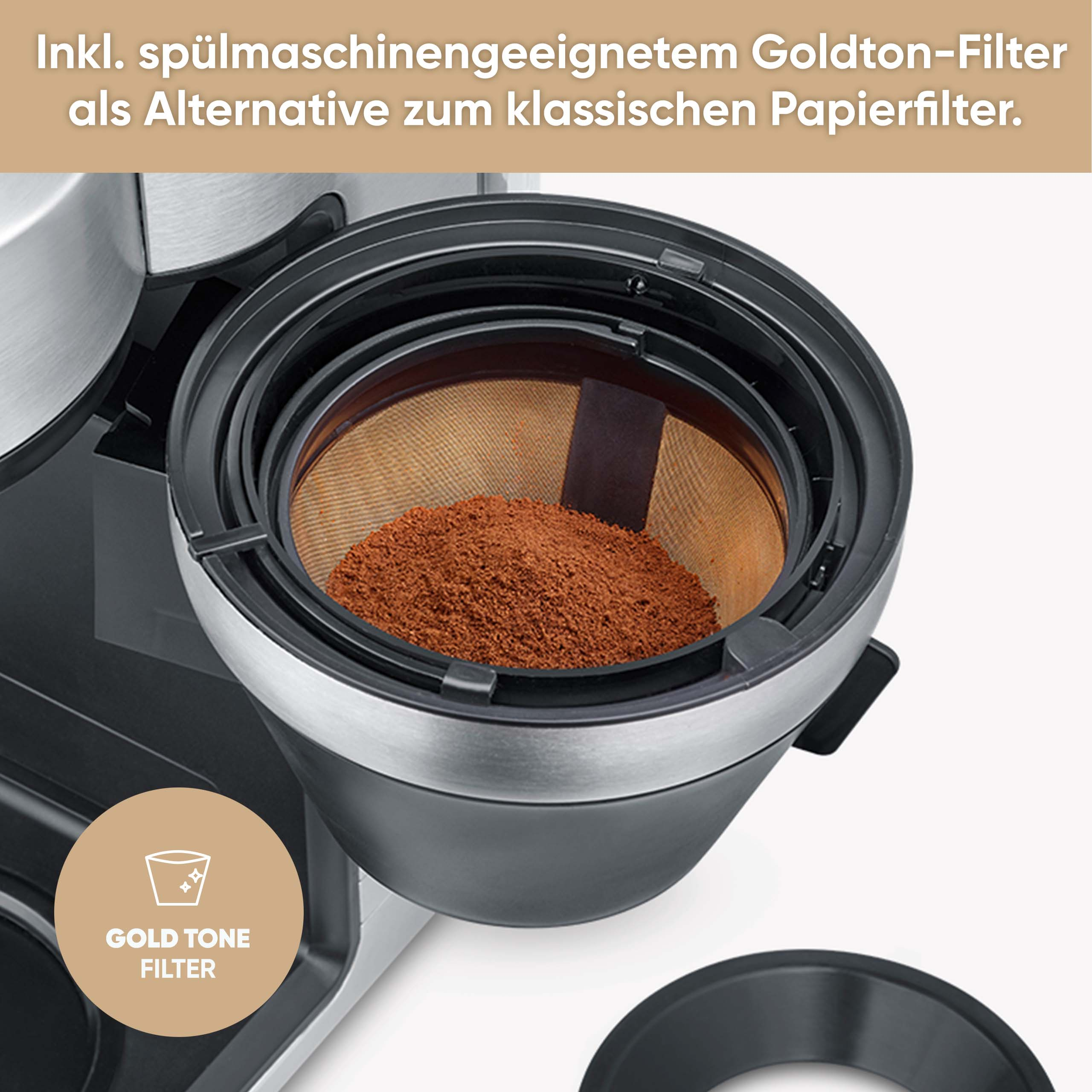 A coffee maker with a gold tone filter filled with coffee grounds. A label says 'gold tone filter'.