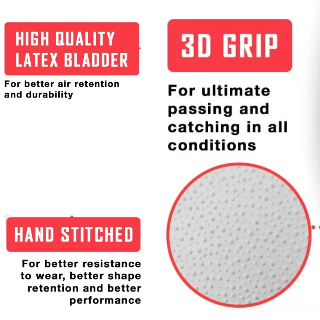 Bild mit Text, der einen Ball beschreibt: 'Hochwertige Latexblase', '3D-Griff', 'Handgenäht' und ein strukturiertes Kreis.