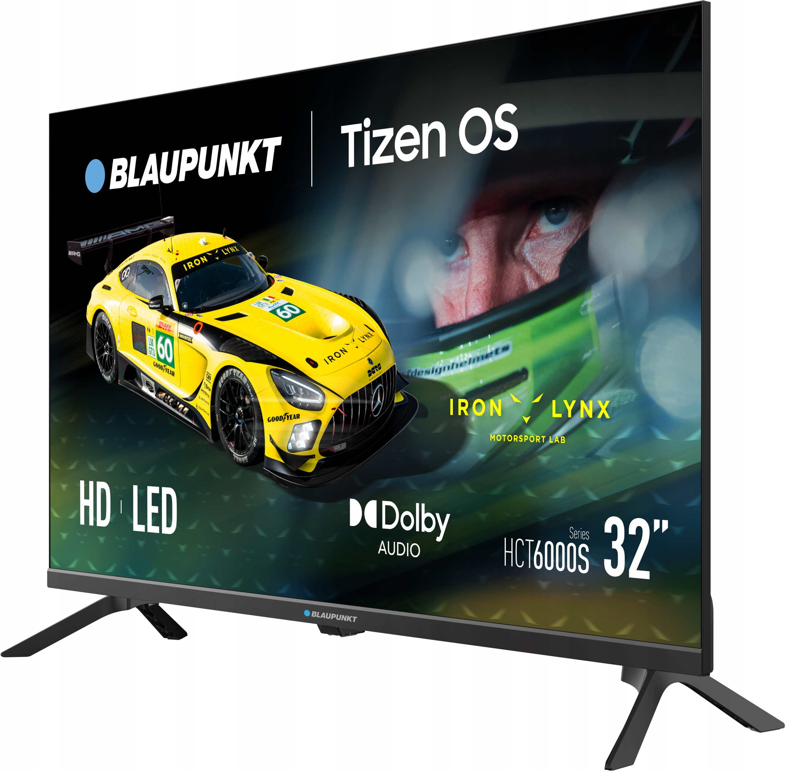 Telewizor Blaupunkt wyświetla żółty samochód wyścigowy i twarz kierowcy z tekstem o Tizen OS, Dolby Audio i HD LED.