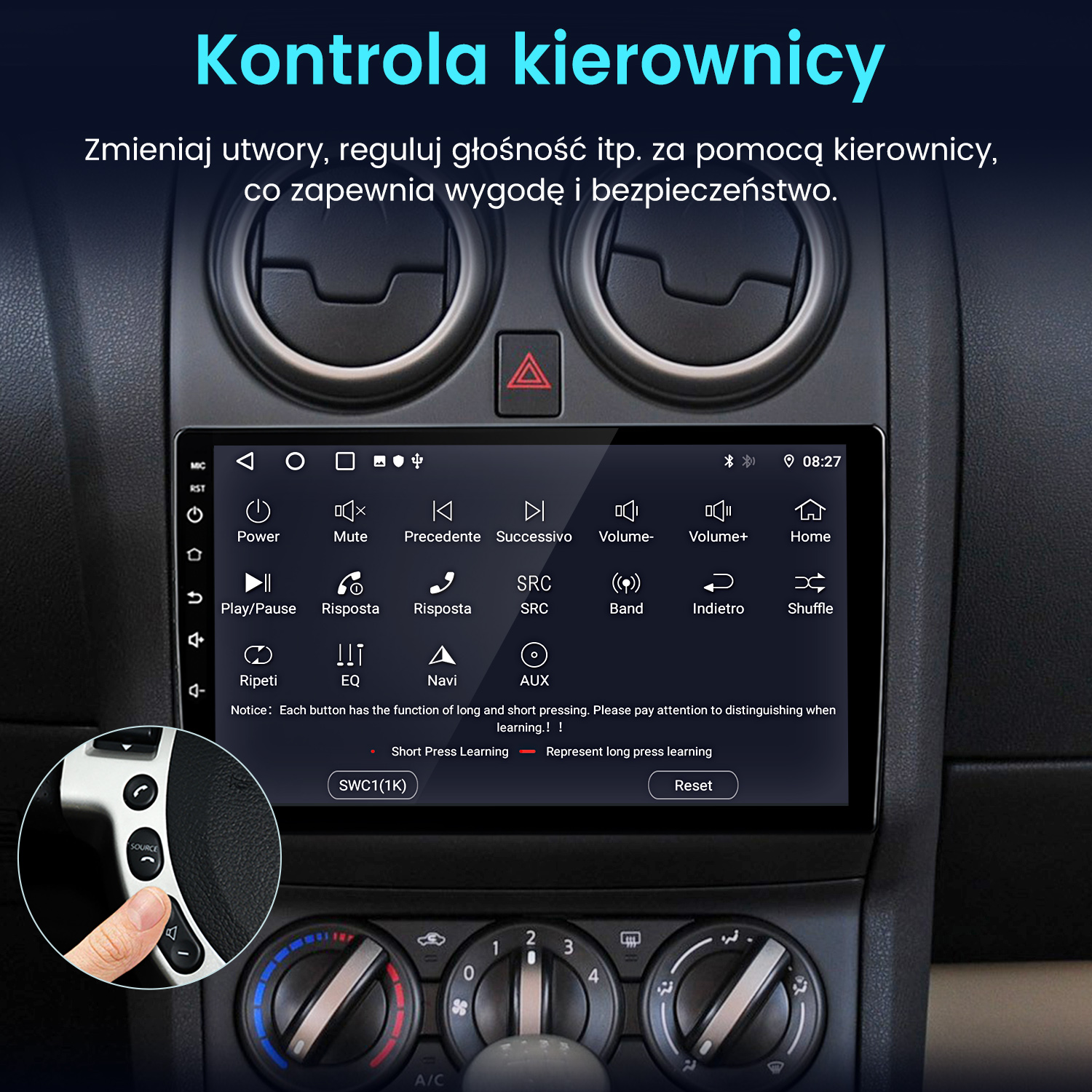 Deska rozdzielcza samochodu z ekranem, przyciskami i ręką naciskającą przycisk na kierownicy.