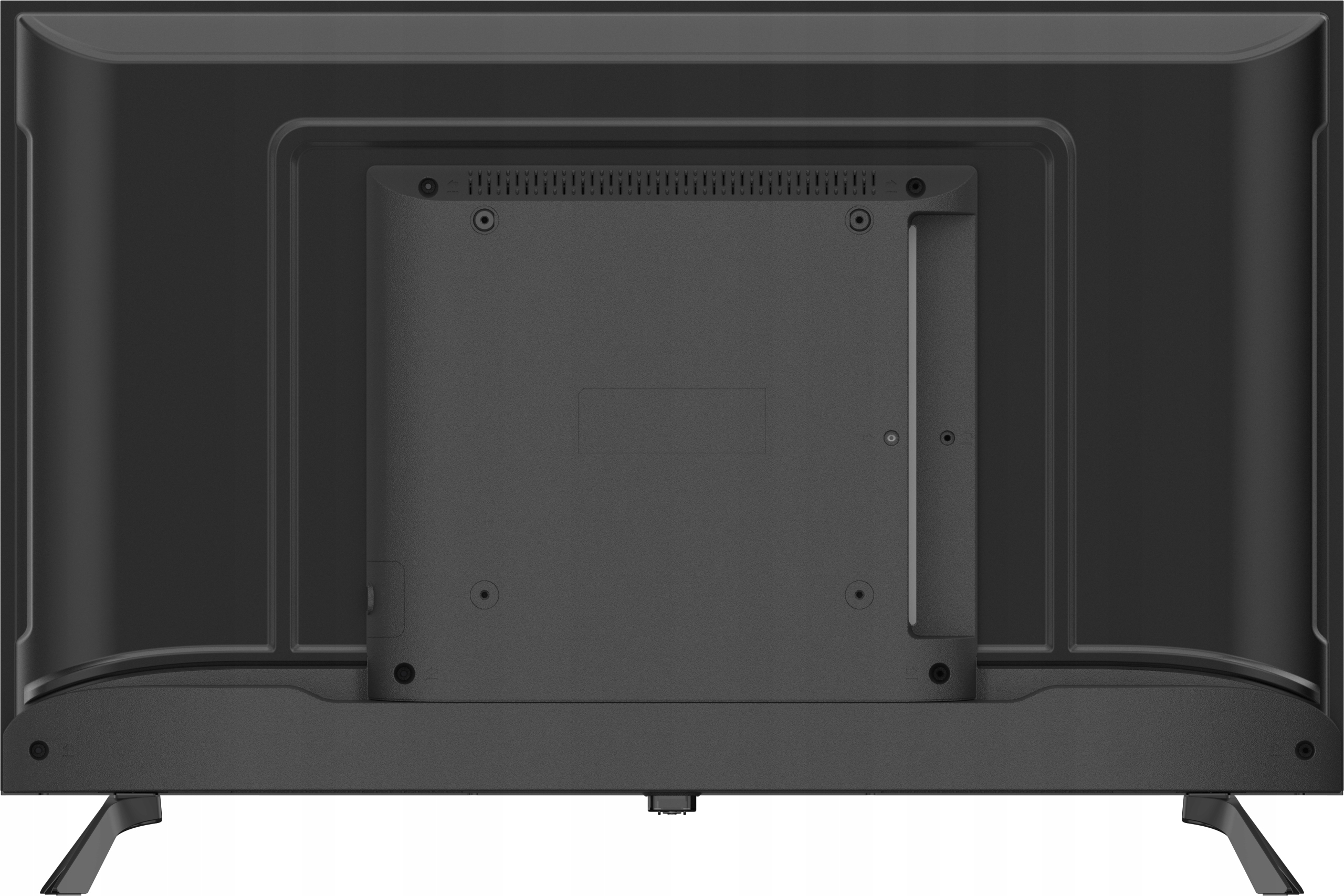 Widok z tyłu czarnego telewizora. Zawiera porty, otwory wentylacyjne i podstawę. Powierzchnia jest teksturowana.