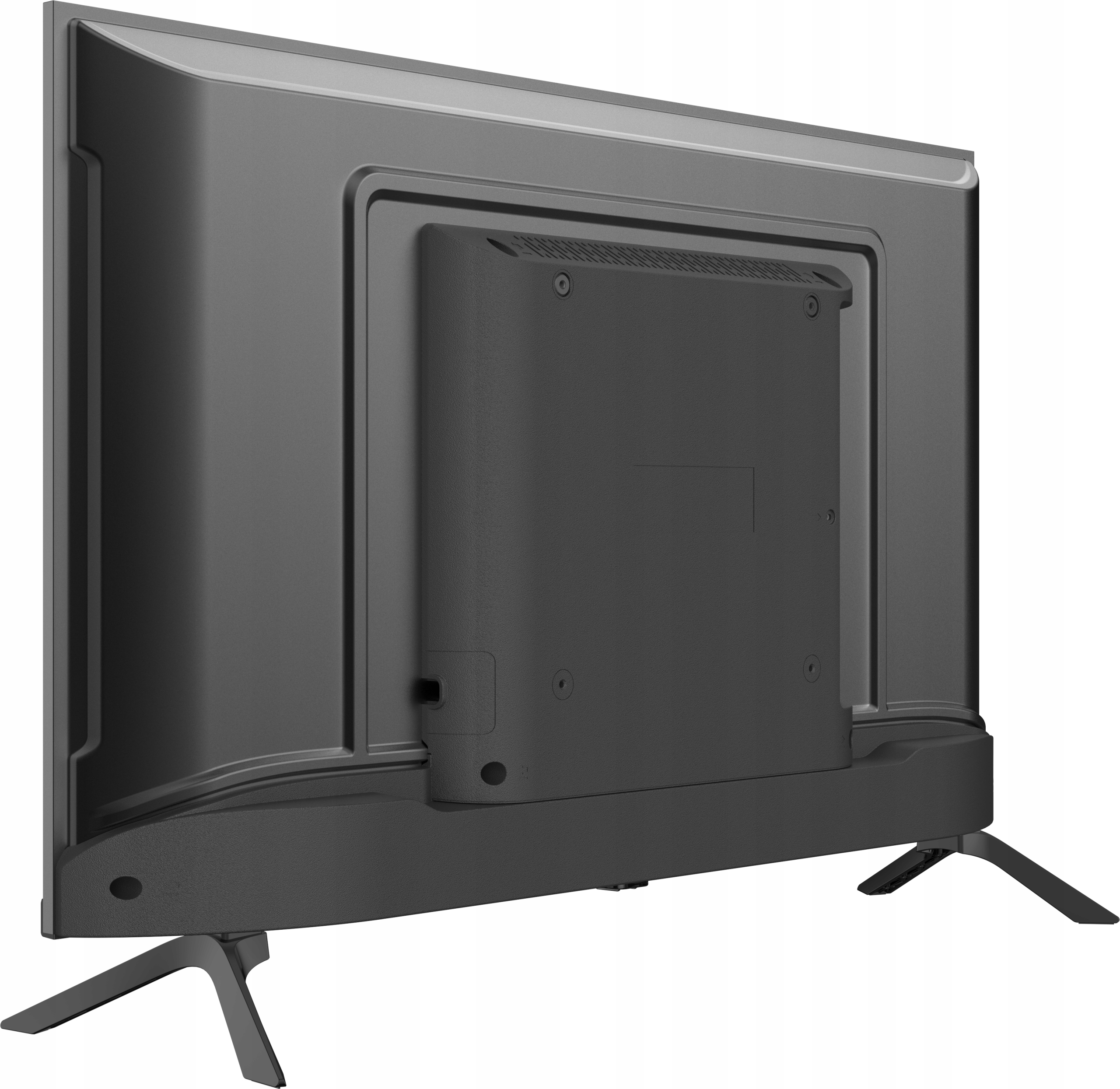 Szary telewizor, ustawiony pod kątem w prawo, widoczny tył. Ma dwie czarne nogi. Tył ma czarny prostokątny panel.