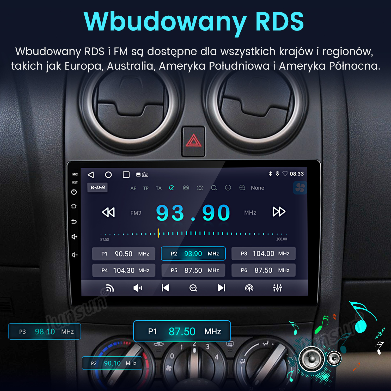 Ekran radia samochodowego wyświetlający częstotliwość FM 93,90 MHz. Widoczne przyciski i ustawienia. Tło: deska rozdzielcza.