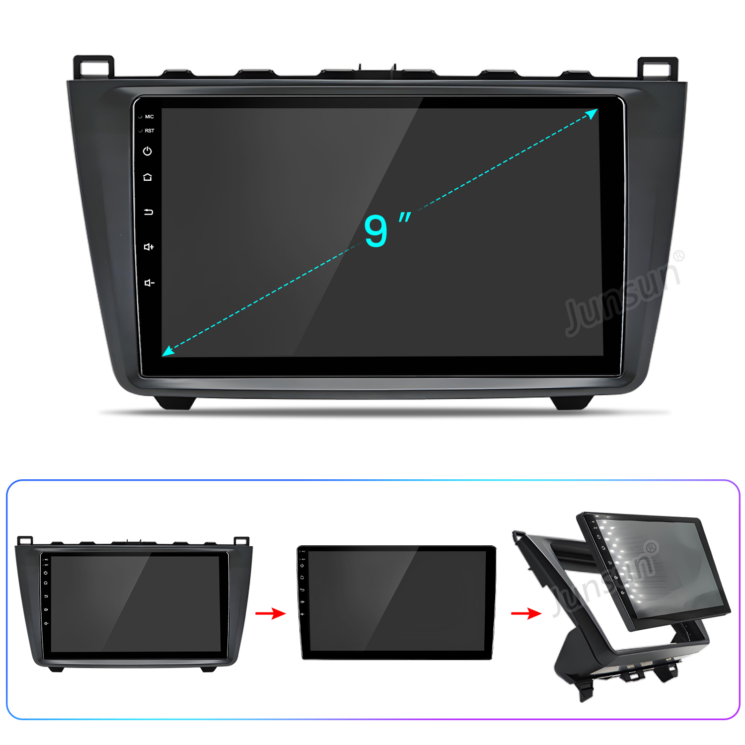 Radio samochodowe z 9-calowym ekranem. Jest czarne i ma przyciski z boku. Obraz pokazuje radio w różnych krokach instalacji.
