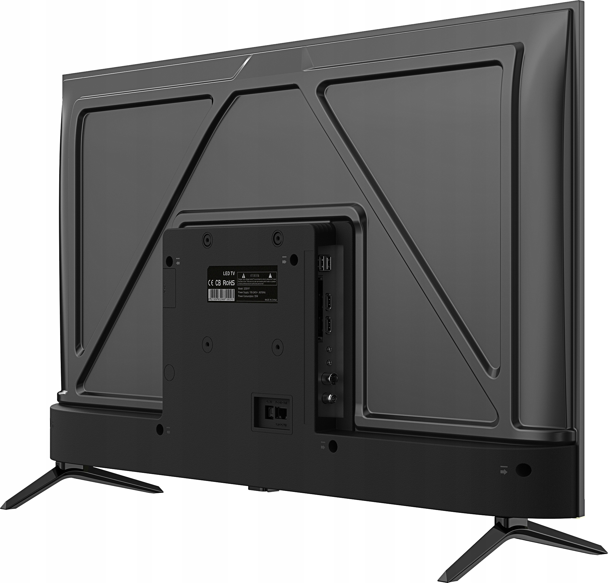 Widok z tyłu czarnego telewizora LED. Ma podstawę, porty i etykietę ze specyfikacjami. Tło jest białe.