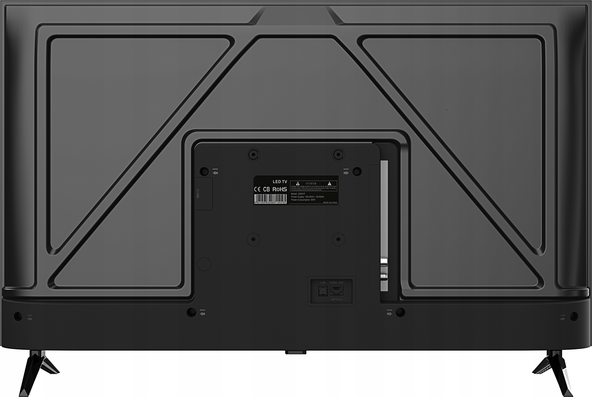 Tył czarnego telewizora LED. Posiada etykietę ze szczegółami modelu, portami i wejściem zasilania.