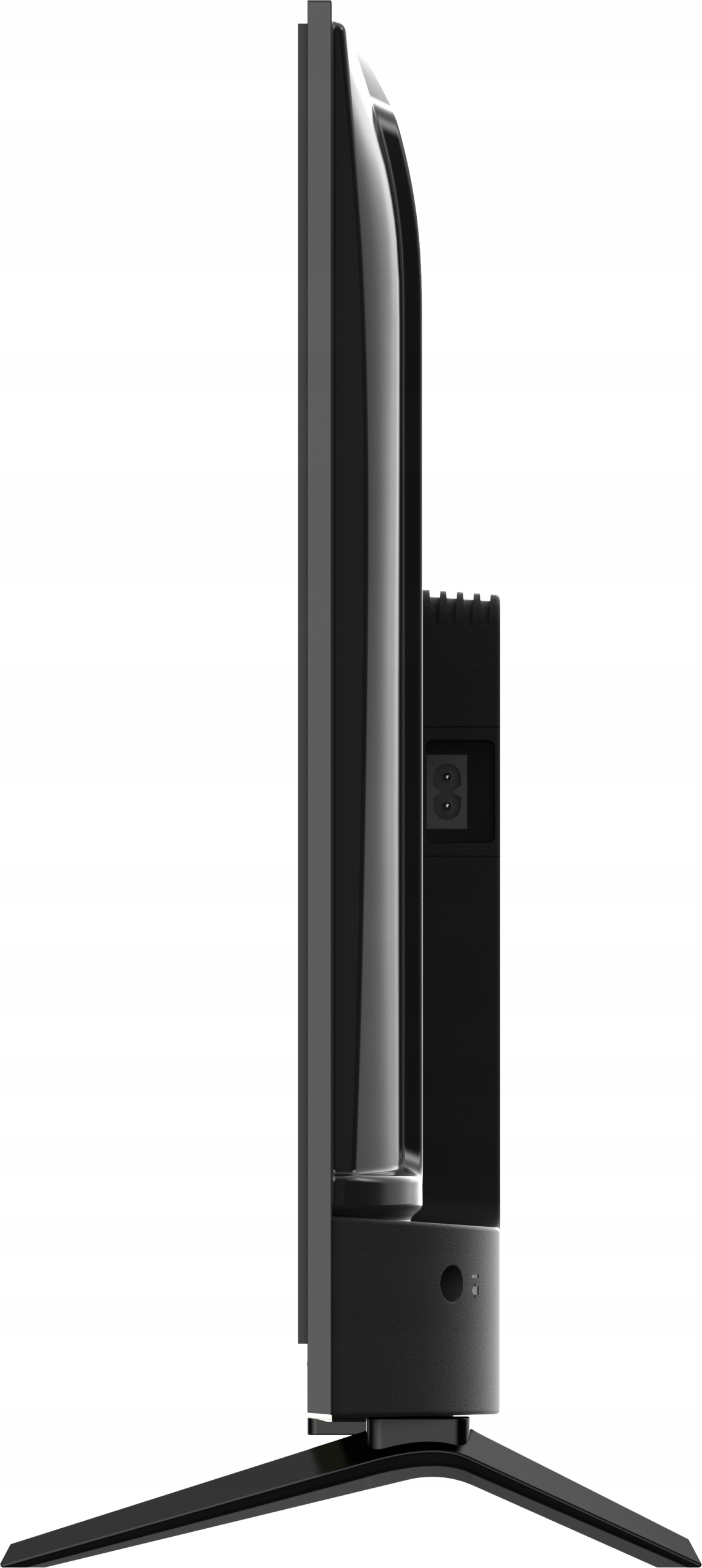 Widok z boku czarnego telewizora. Telewizor ma podstawę. Przewód zasilający i inne porty są widoczne z boku.