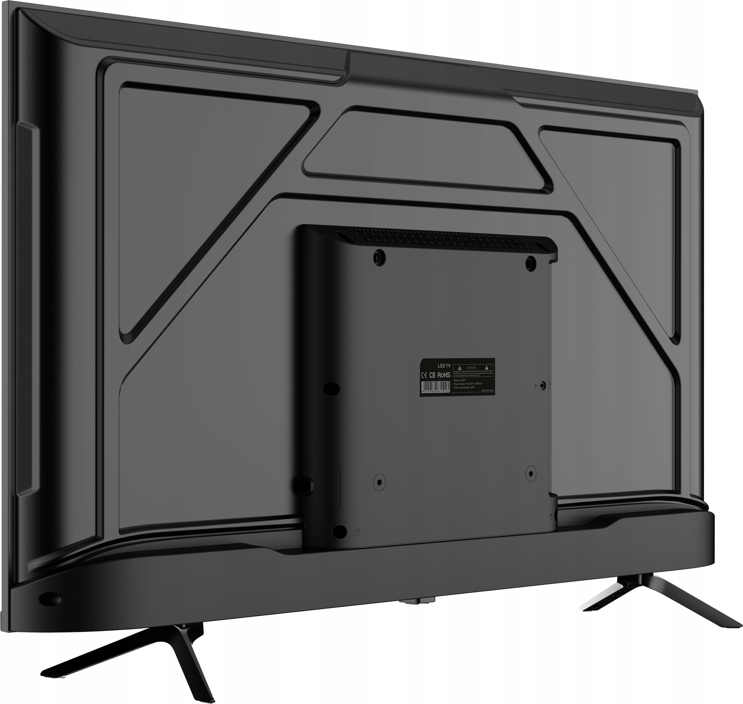 Widok z tyłu czarnego telewizora LED na białym tle. Telewizor ma dwie nogi i etykietę.