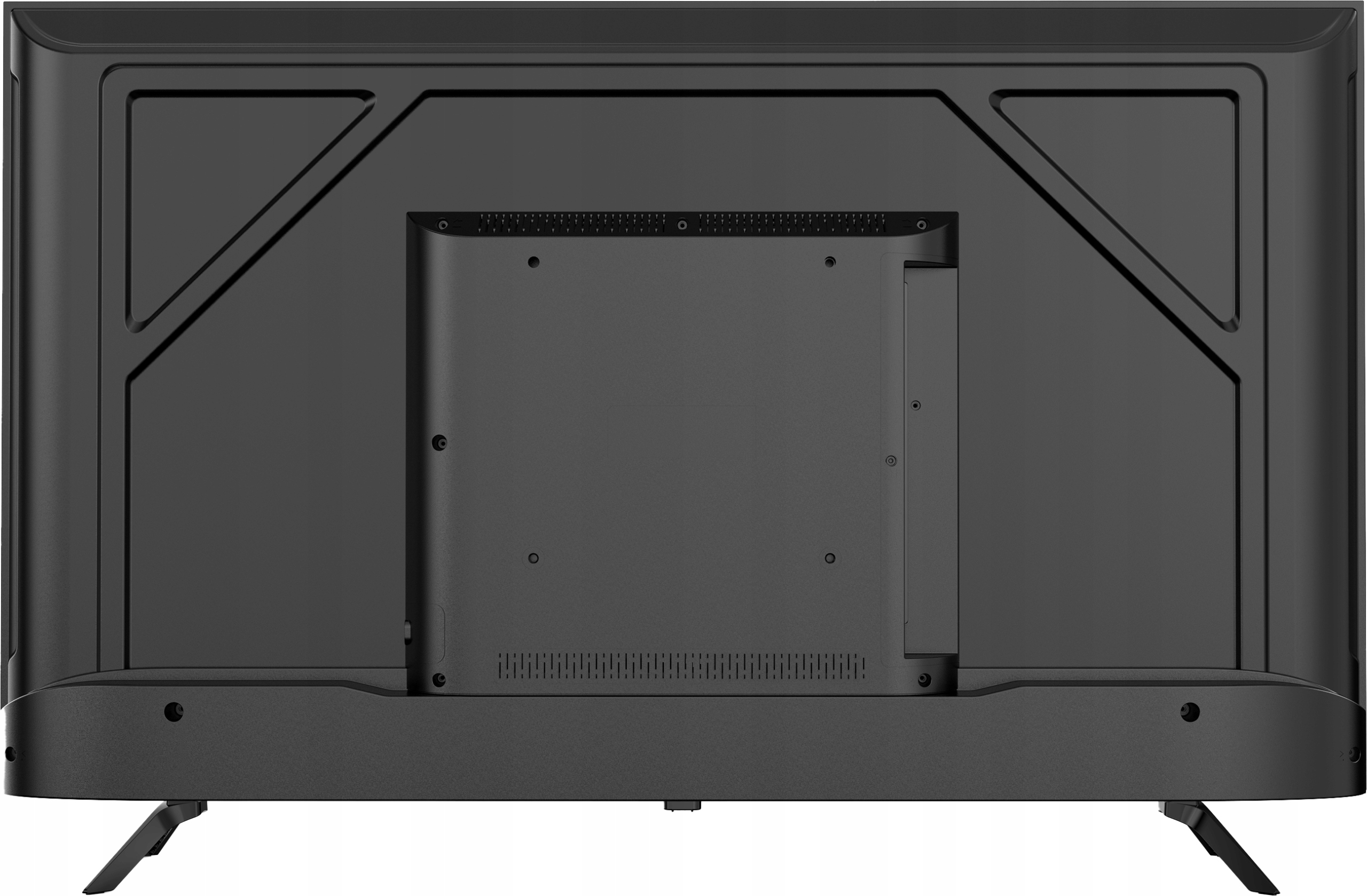 Tył czarnego telewizora. Posiada wpuszczony panel z różnymi portami i punktami montażowymi. Telewizor stoi na dwóch czarnych nogach.