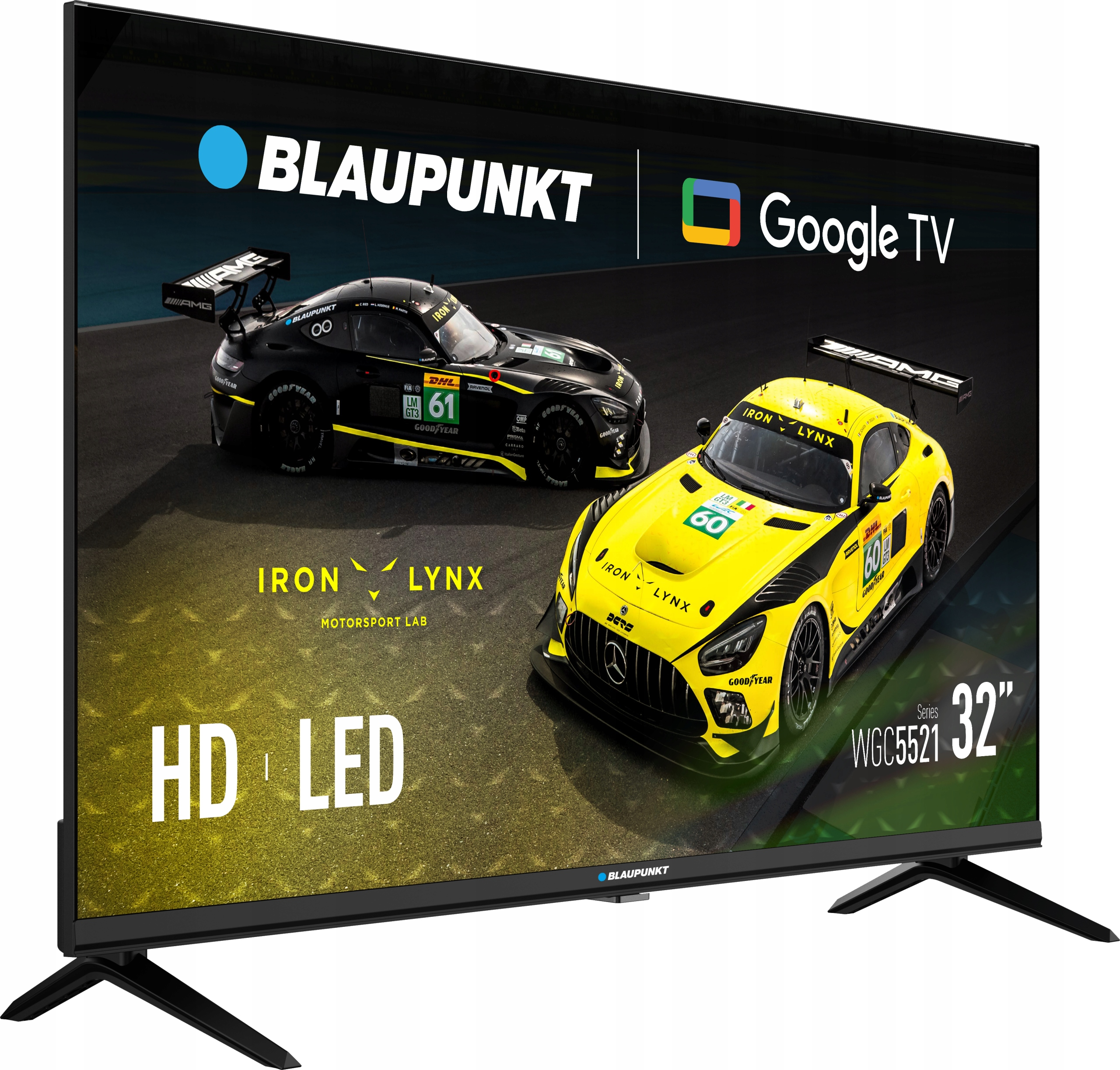 Ekran telewizora wyświetla dwa samochody wyścigowe, jeden czarny, drugi żółty. Obecne są logotypy Blaupunkt i Google TV.