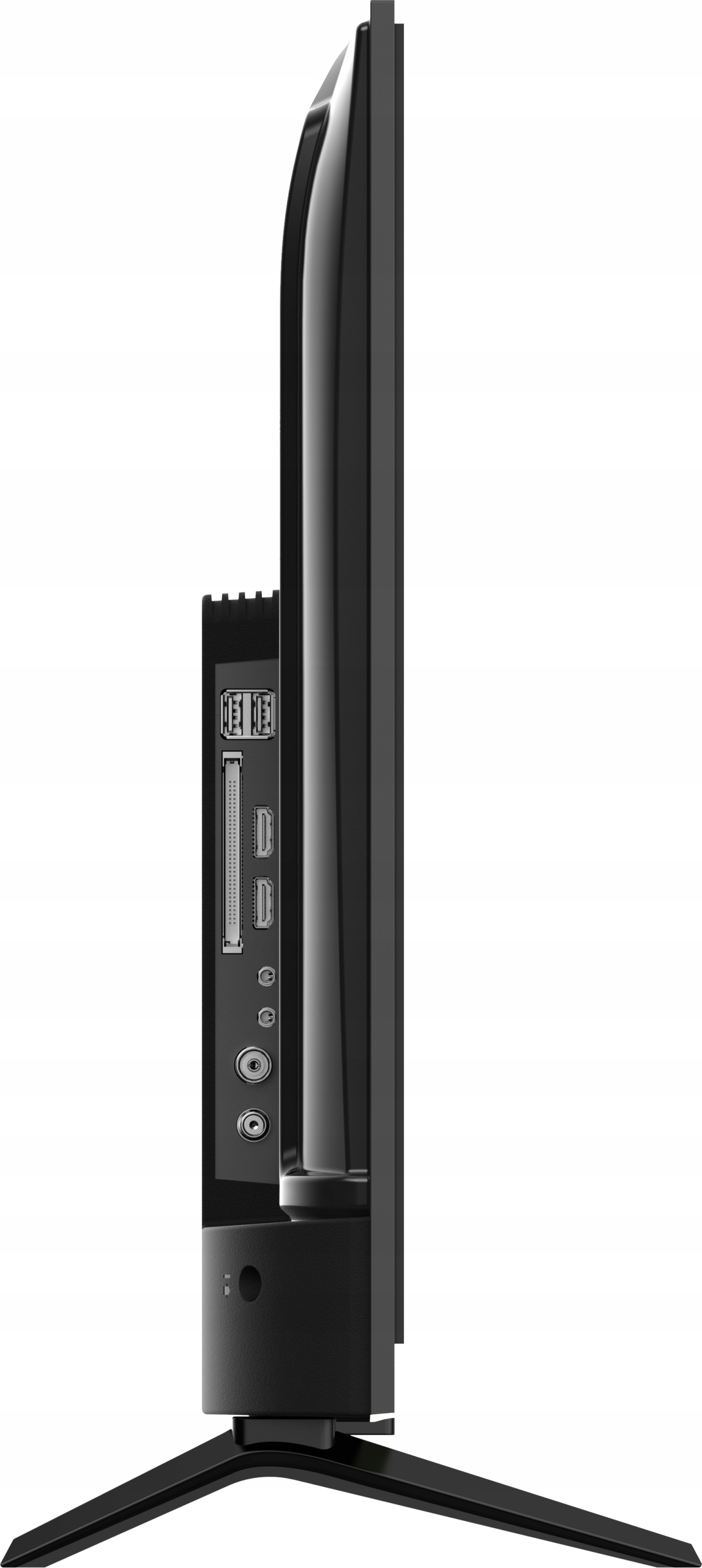 Widok z boku czarnego telewizora. Widoczne porty to USB, HDMI i inne. Ma podstawę i błyszczący ekran.