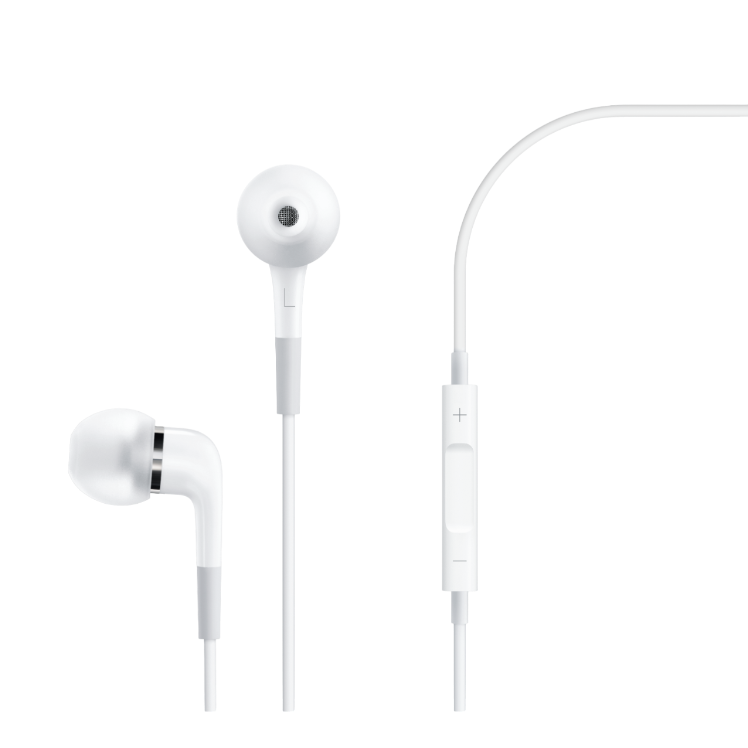 Białe słuchawki z mikrofonem na czarnym tle. Projekt obejmuje trzy wkładki douszne i moduł sterowania.