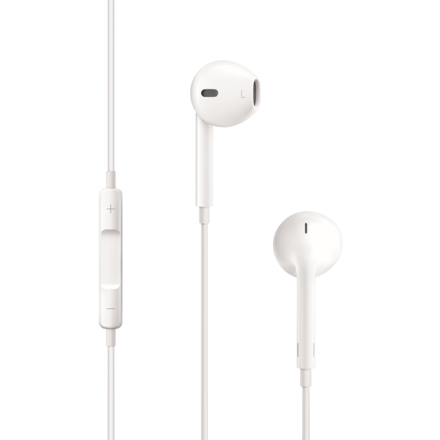 Białe słuchawki z modułem sterowania i trzema wkładkami dousznymi na czarnym tle. Jedna wkładka douszna ma widoczne oznaczenie 'L'.