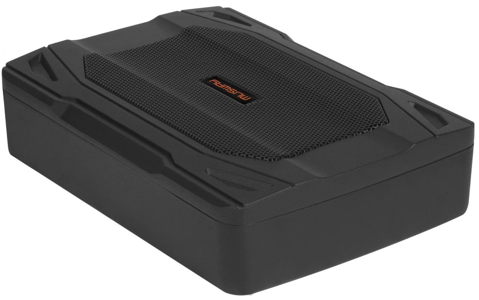 Ein schwarzer Subwoofer mit einem Mesh-Oberteil. Der Markenname MUSWAY ist sichtbar.