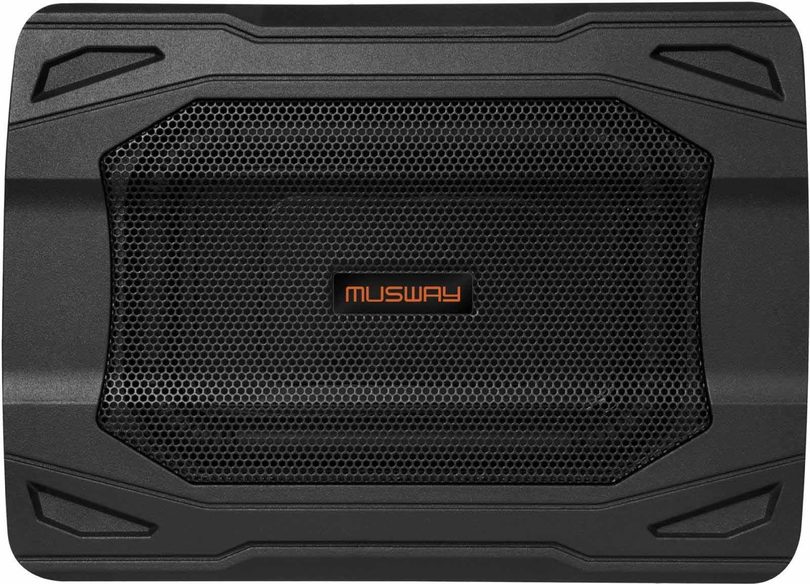 Schwarzer Lautsprecher mit Gitterfront. Das Wort 'MUSWAY' ist orangefarben auf dem Lautsprecher.
