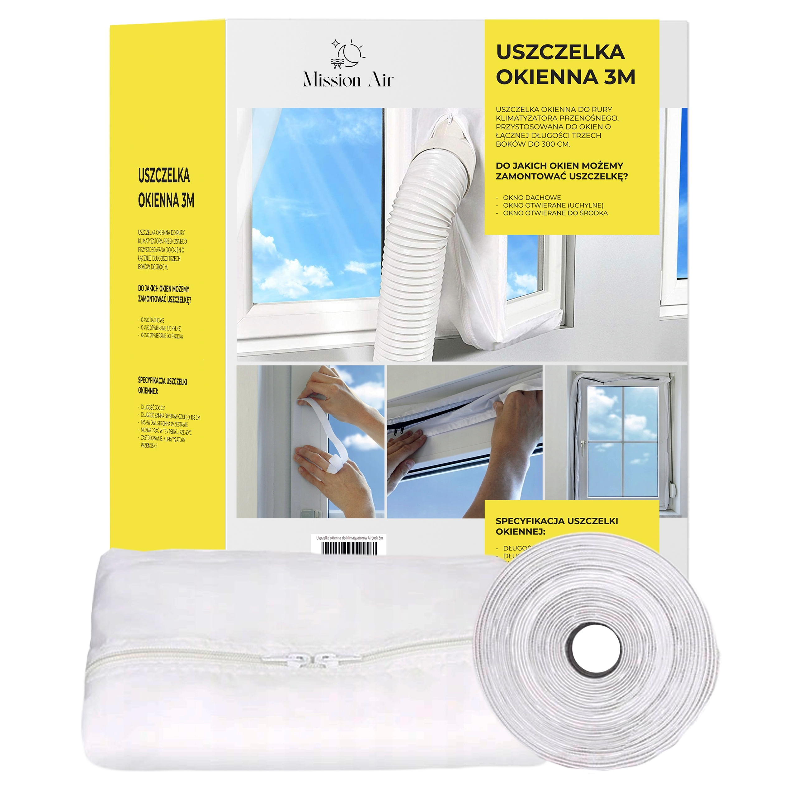 Opakowanie produktu z uszczelką okienną, wężem i szczegółami produktu. Niebo widoczne przez okno w tle.