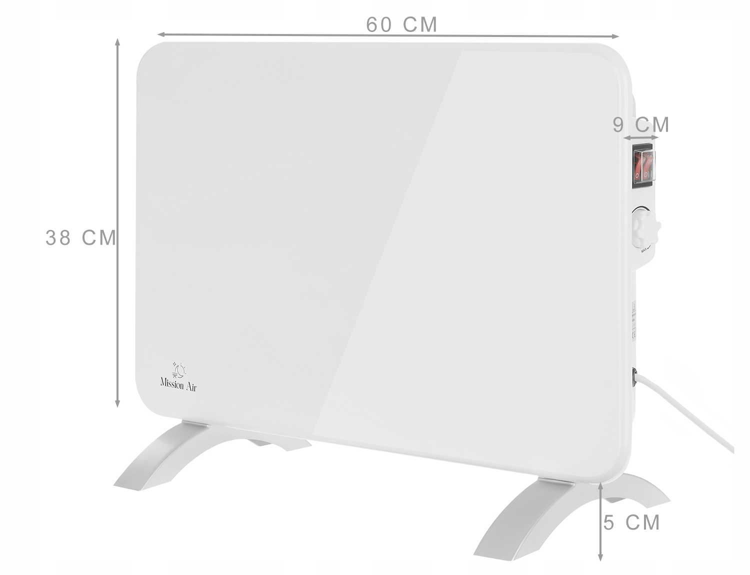 Pokazano biały grzejnik elektryczny. Ma przełącznik, pokrętło i stoi na dwóch szarych nóżkach. Wymiary są zaznaczone.