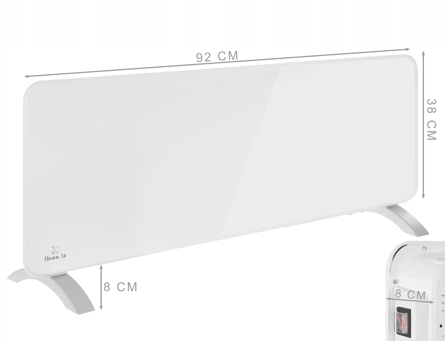 Biały grzejnik elektryczny z wymiarami. Ma dwie srebrne nóżki i włącznik. Wymiary to 92cm x 38cm.