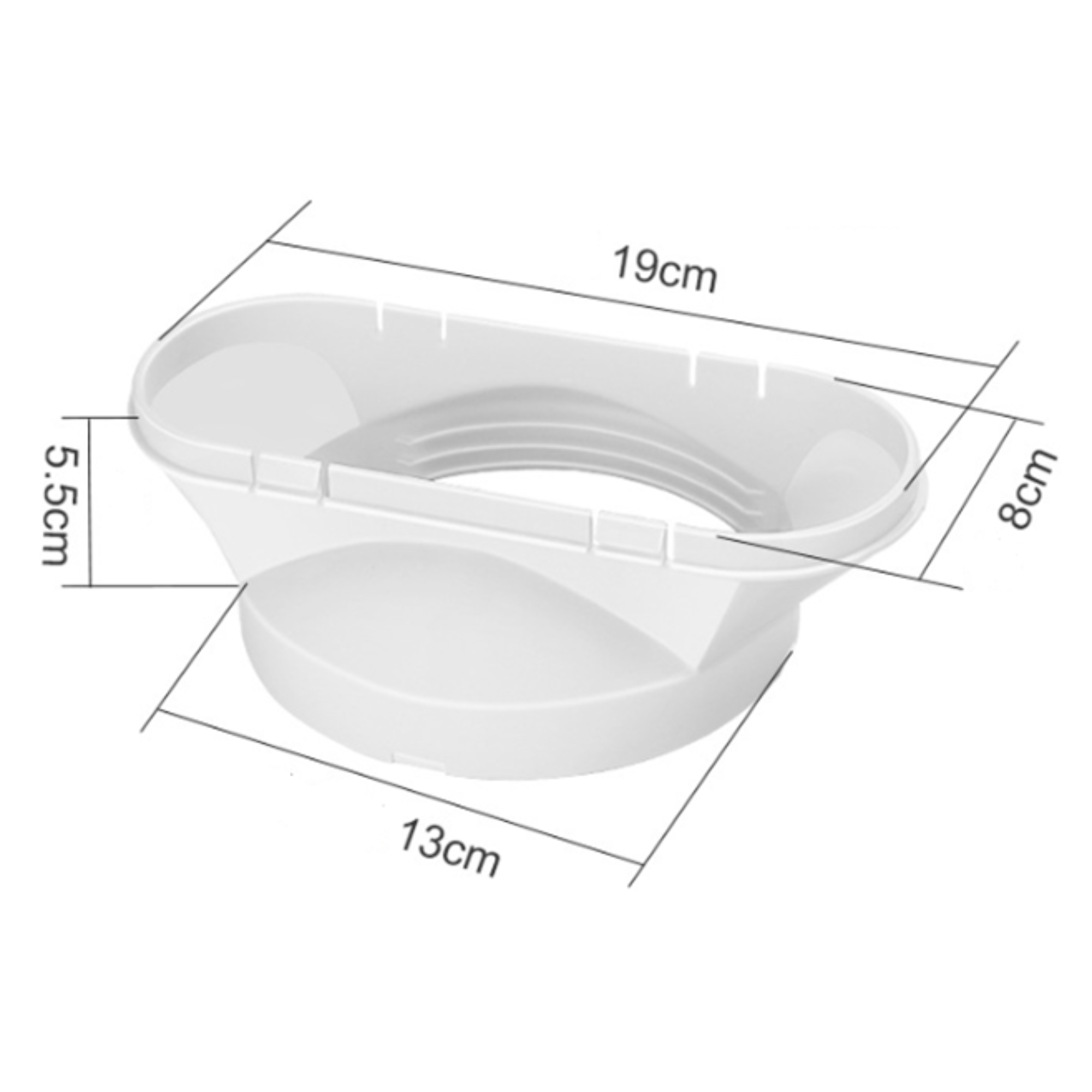 Biały plastikowy lejek z wymiarami. Góra ma 19 cm, wysokość 5,5 cm, szerokość 8 cm, podstawa 13 cm.