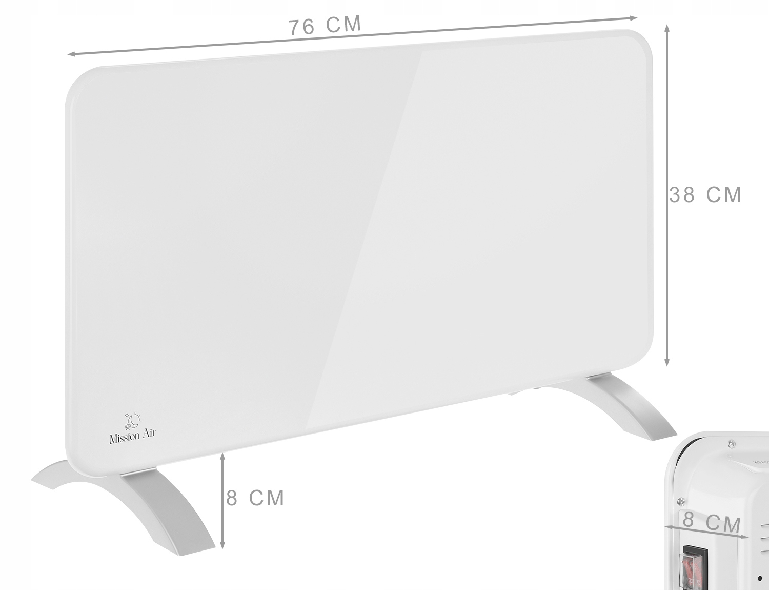 Biały grzejnik elektryczny Mission Air, 76x38 cm, z szarymi nóżkami. Podane są wymiary. Mały panel sterowania znajduje się po prawej stronie.