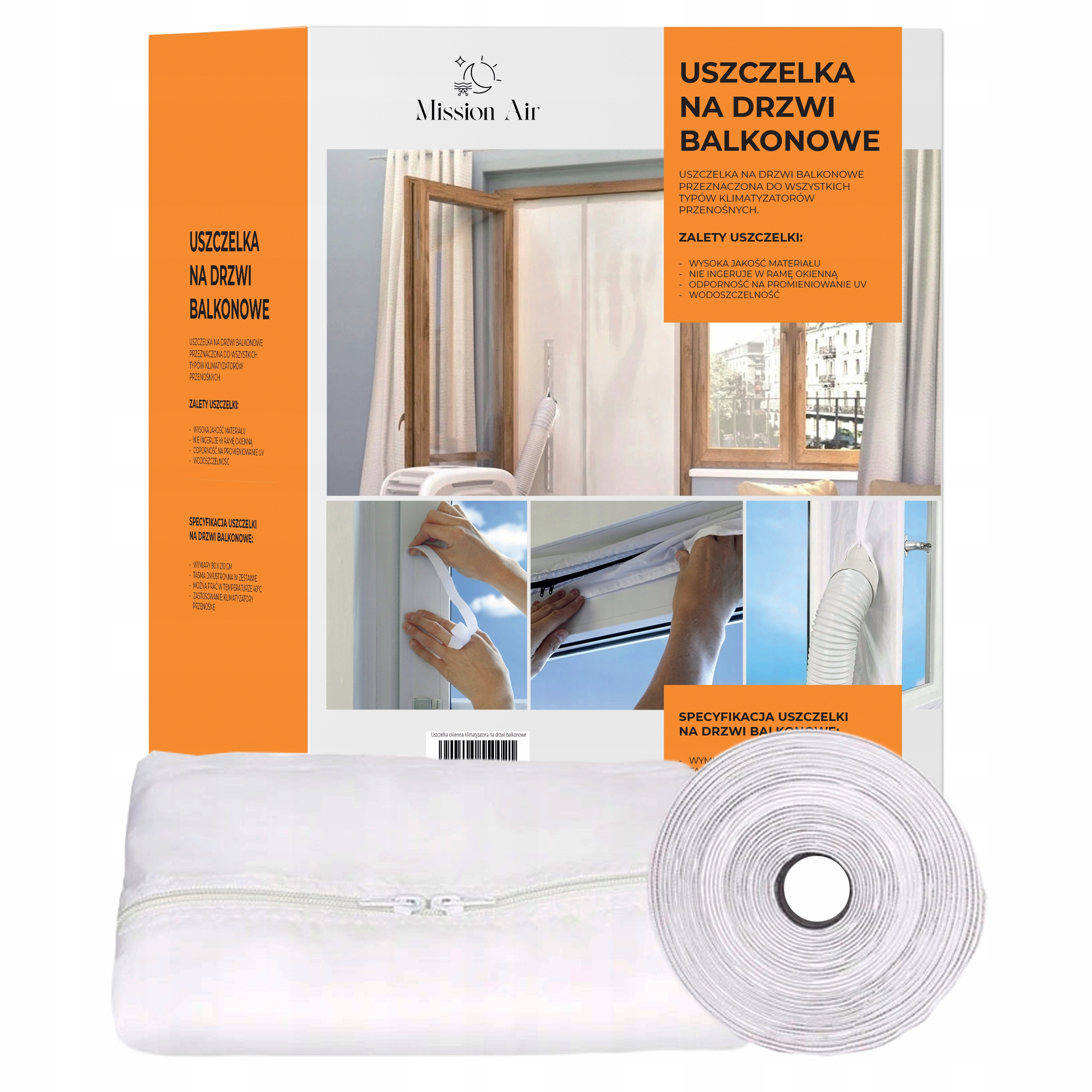 Białe opakowanie z zamkiem błyskawicznym, rolka białej taśmy i tekst o uszczelkach do klimatyzatorów.