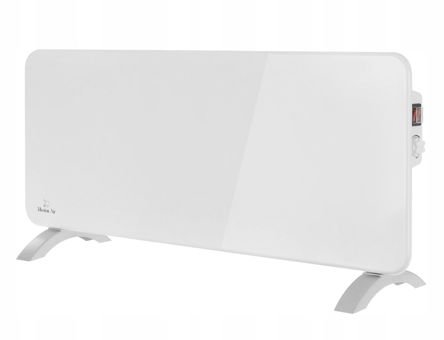 Biały grzejnik elektryczny z panelem sterowania po prawej stronie i zakrzywionymi nóżkami. Marka to Mission Air.