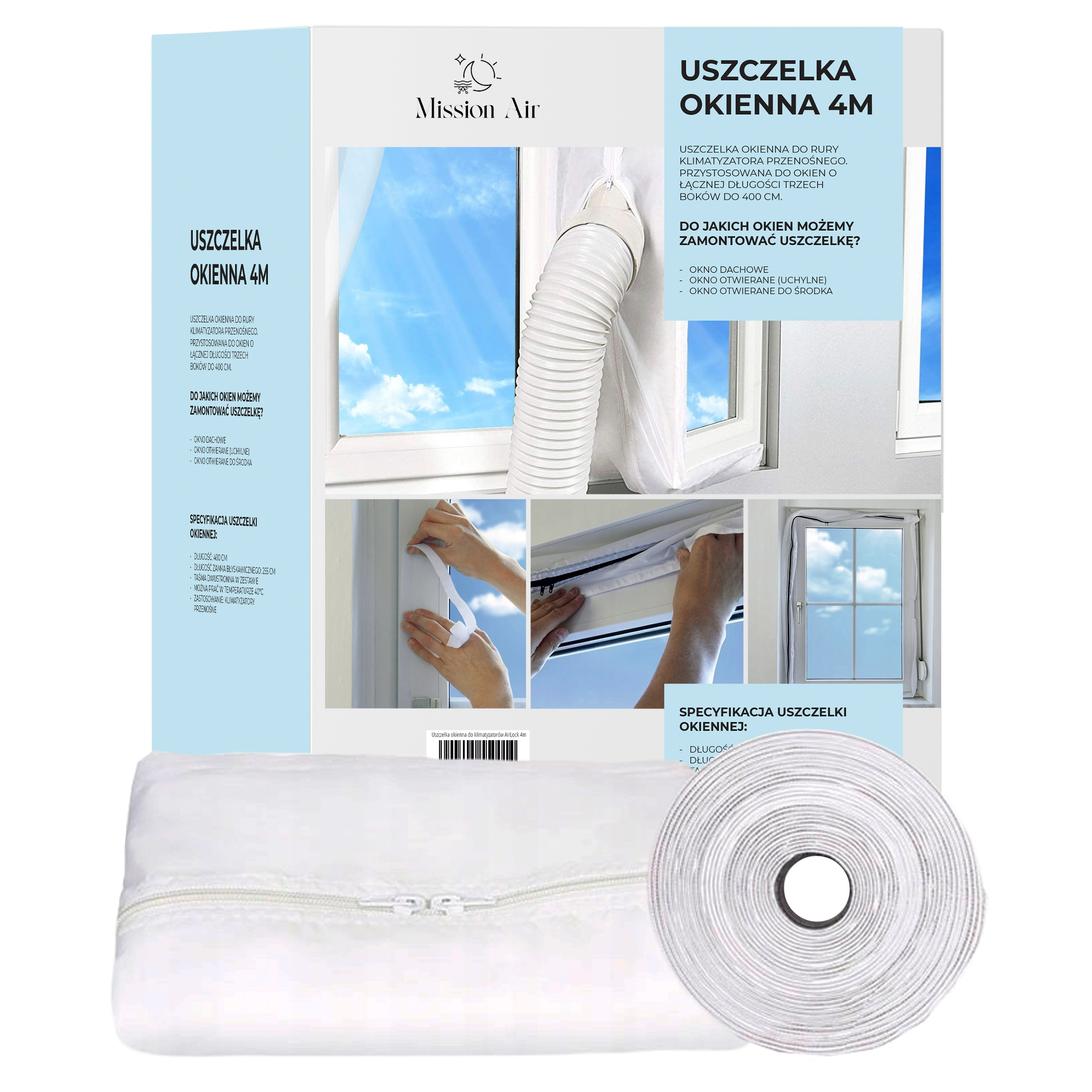 Biały zestaw uszczelniający okno z tekstem i diagramami. Zawiera taśmę, uszczelkę i elastyczną rurę.