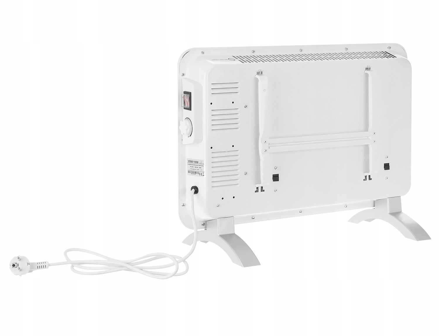 Biały grzejnik elektryczny na białej powierzchni. Ma przewód zasilający i wtyczkę. Grzejnik ma panel sterowania z boku.