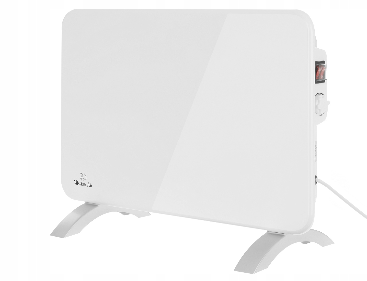 Biały grzejnik elektryczny stoi na dwóch nogach. Ma włącznik, pokrętło regulacji temperatury i przewód zasilający.