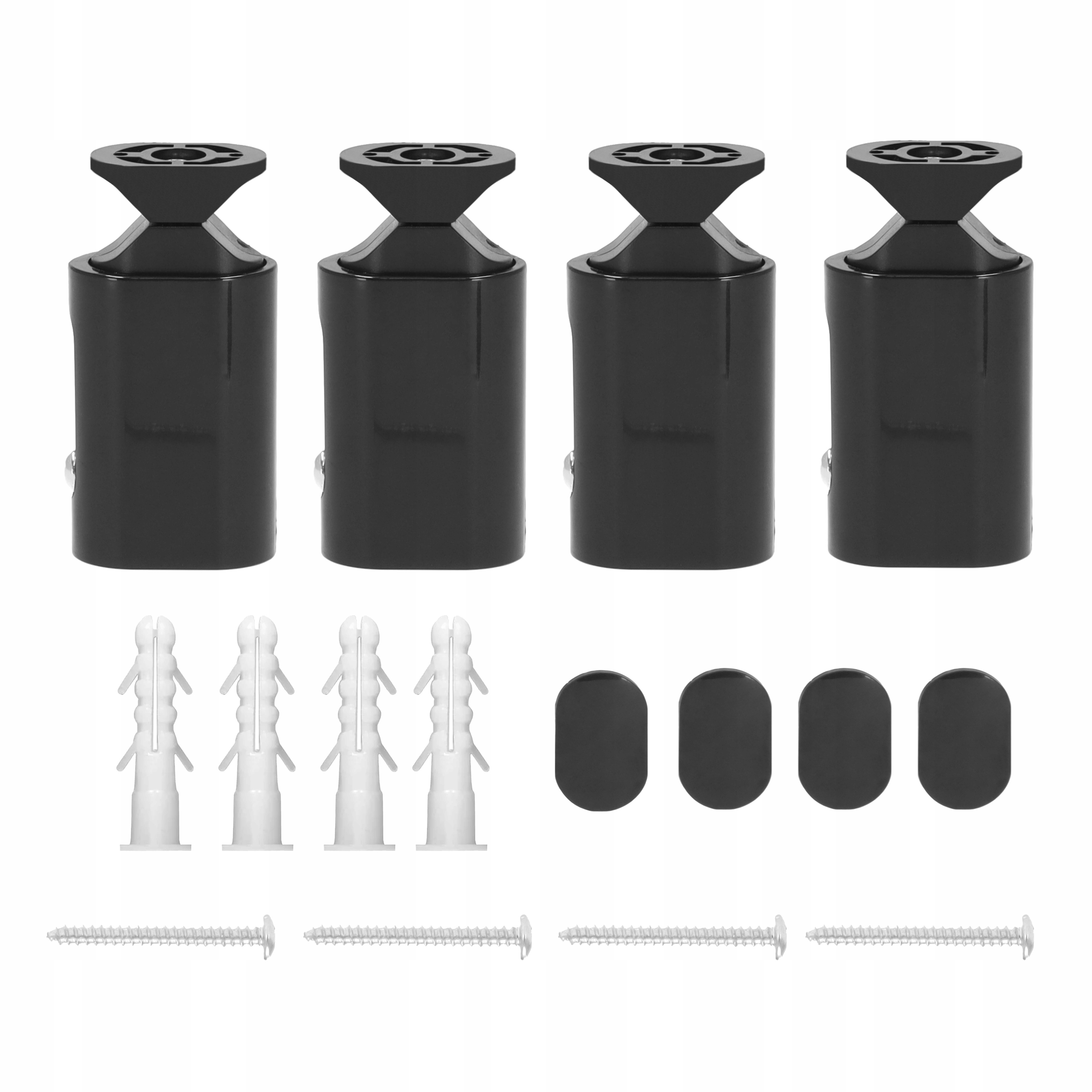 Zdjęcie przedstawia cztery czarne mocowania, białe kołki, czarne owale i śruby na białym tle.