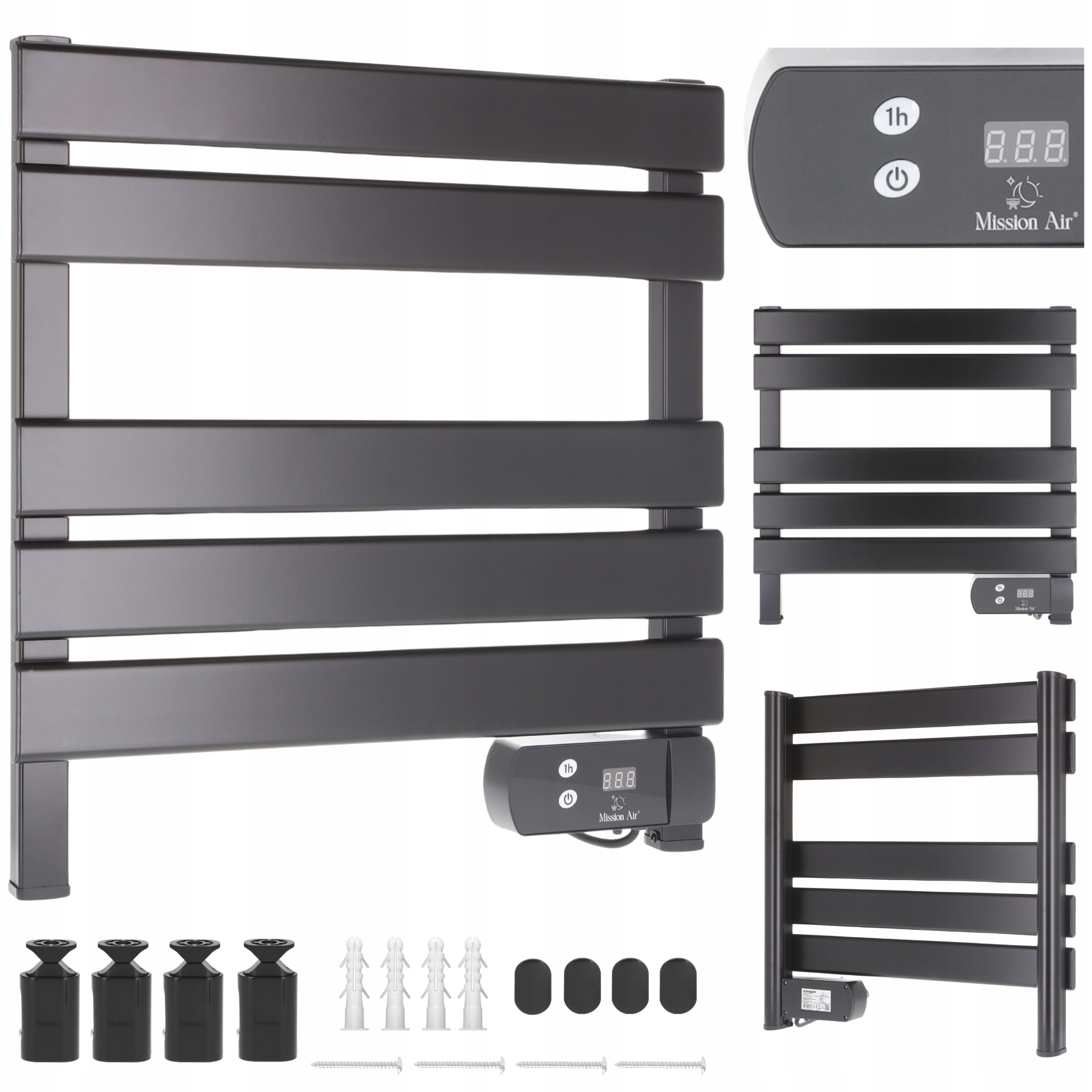 Czarny, podgrzewany wieszak na ręczniki z wyświetlaczem cyfrowym i panelem sterowania. Akcesoria obejmują osprzęt montażowy.