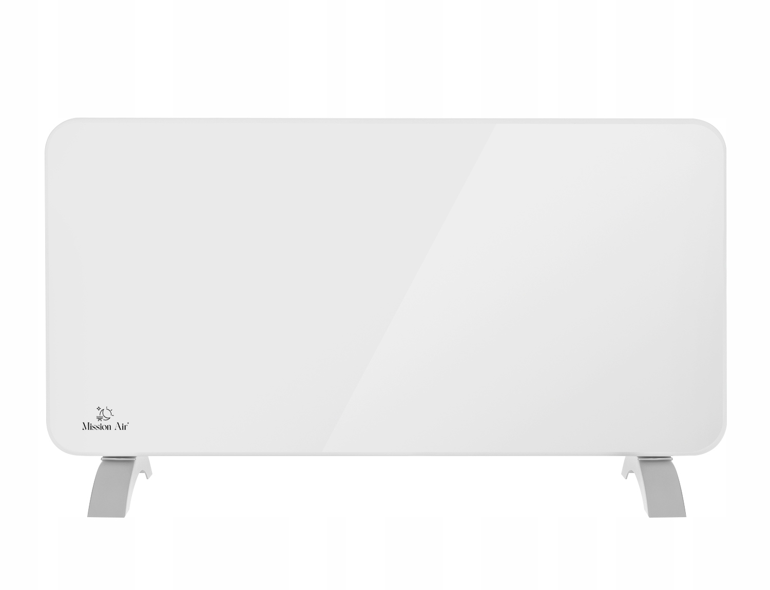 Biały grzejnik elektryczny Mission Air z szarymi nóżkami, na białym tle. Posiada błyszczącą powierzchnię.