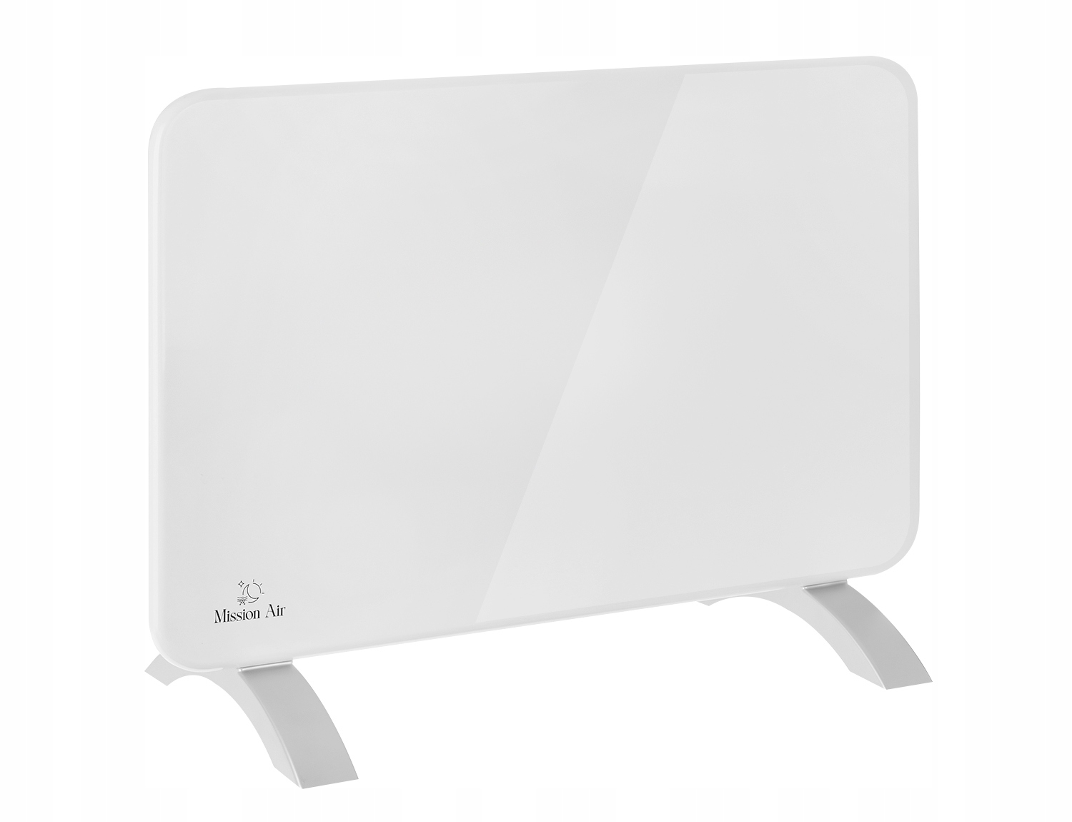 Biały grzejnik elektryczny Mission Air z zakrzywionymi nóżkami. Grzejnik jest prostokątny z zaokrąglonymi rogami.