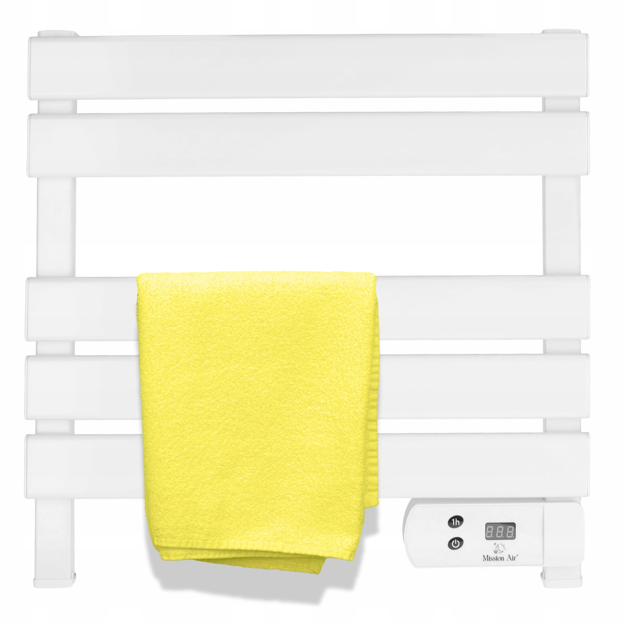 Biały grzejnik do ręczników z żółtym ręcznikiem. Ma cyfrowy wyświetlacz i panel sterowania.