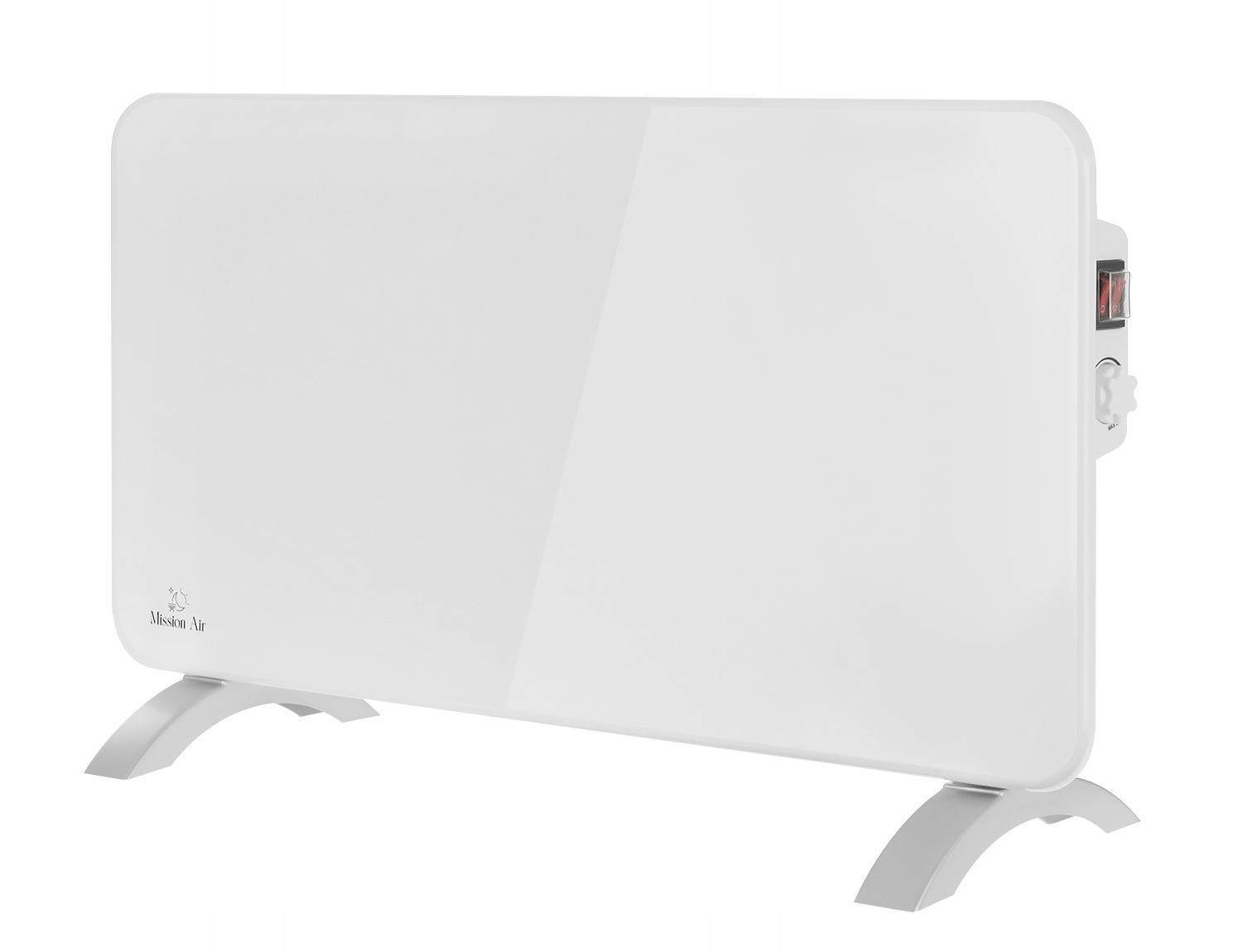 Biały grzejnik elektryczny Mission Air z włącznikiem/wyłącznikiem i pokrętłem. Posiada dwie zakrzywione nóżki.