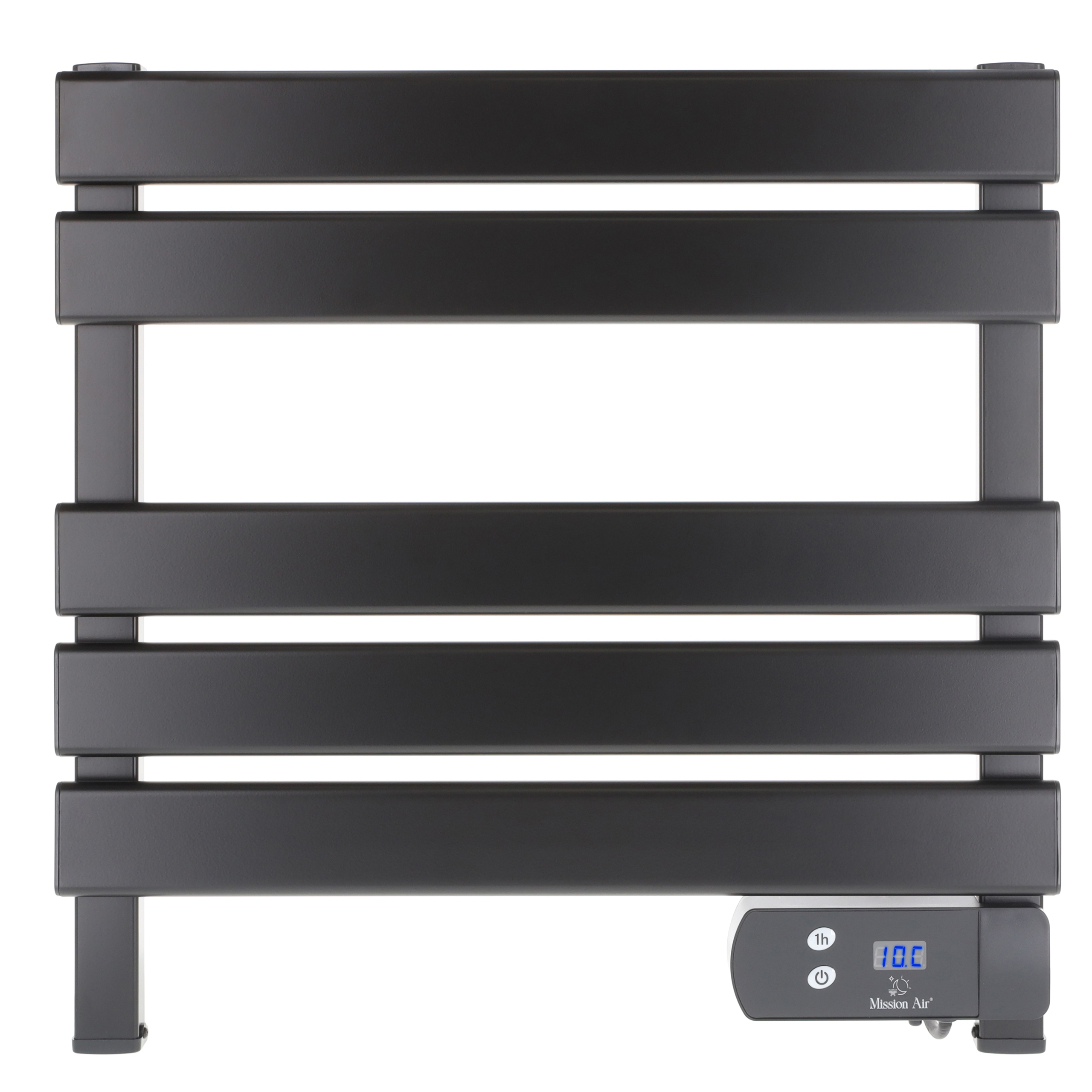 Ciemnoszary, prostokątny grzejnik do ręczników z poziomymi prętami i wyświetlaczem cyfrowym.