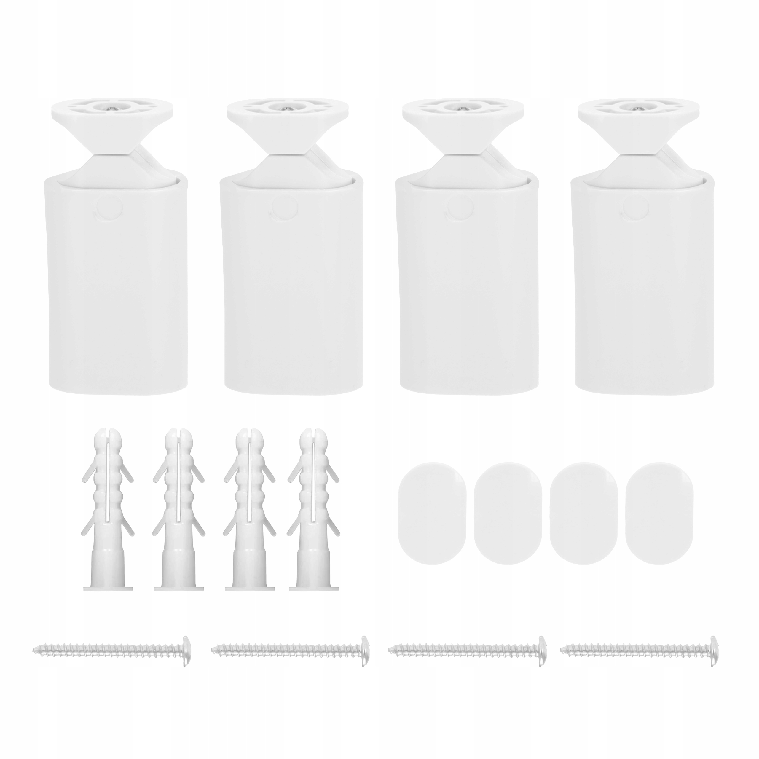 Zdjęcie przedstawia cztery białe wsporniki montażowe, śruby i kotwy ścienne na białym tle.