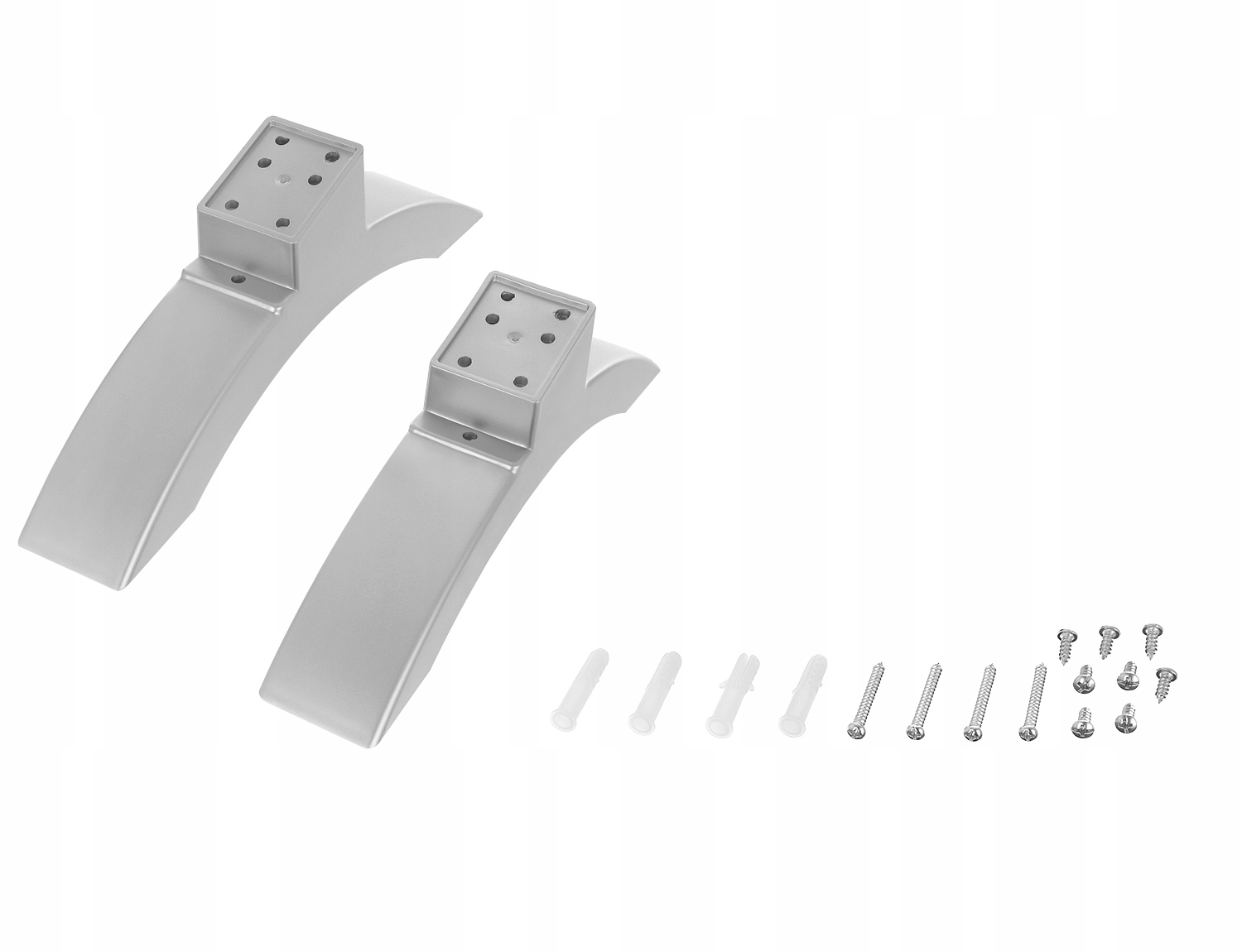 Dwie srebrne podstawy pod TV, śruby i kołki na białym tle.