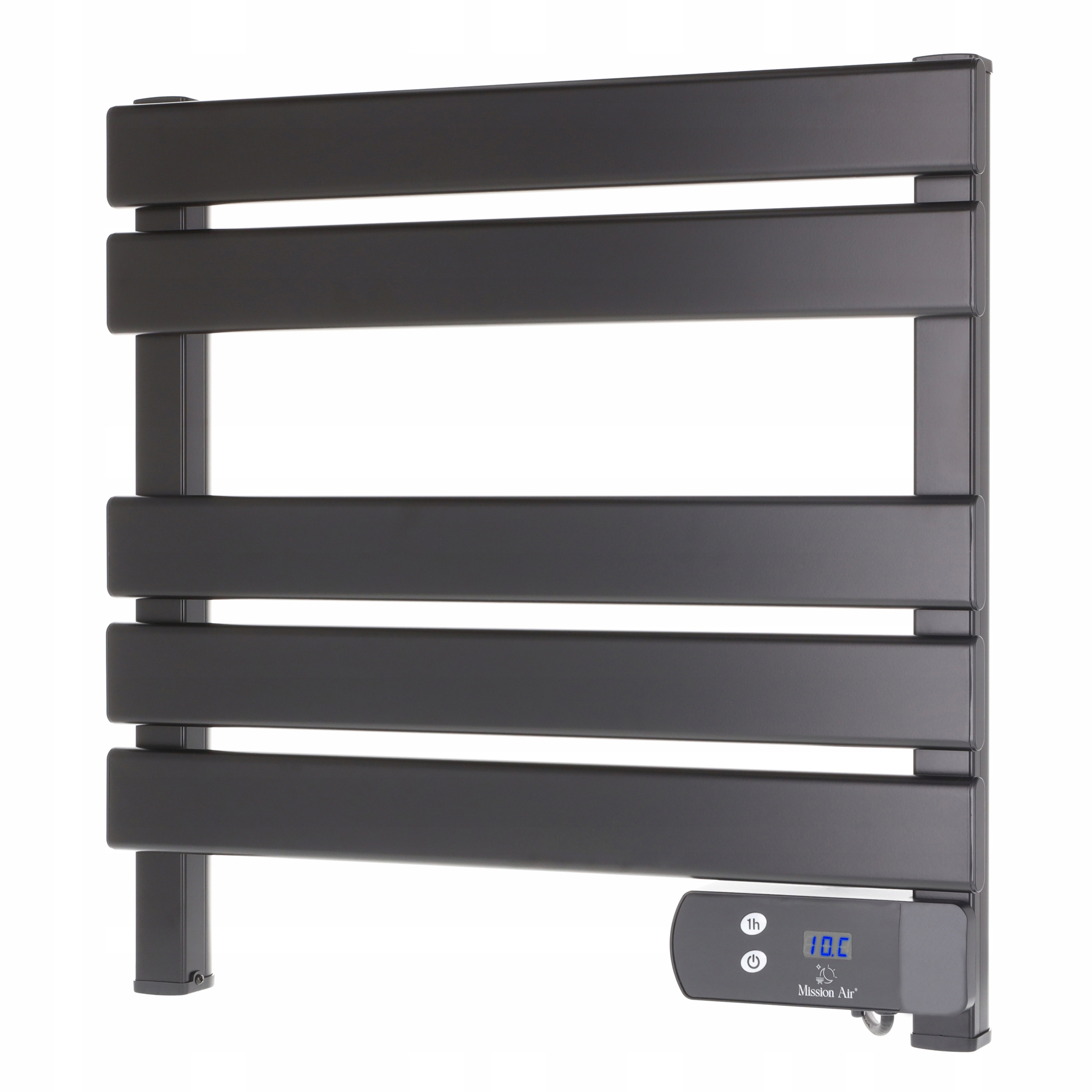 Ciemnoszary grzejnik do ręczników z cyfrowym wyświetlaczem 10,0°C. Posiada poziome pręty.