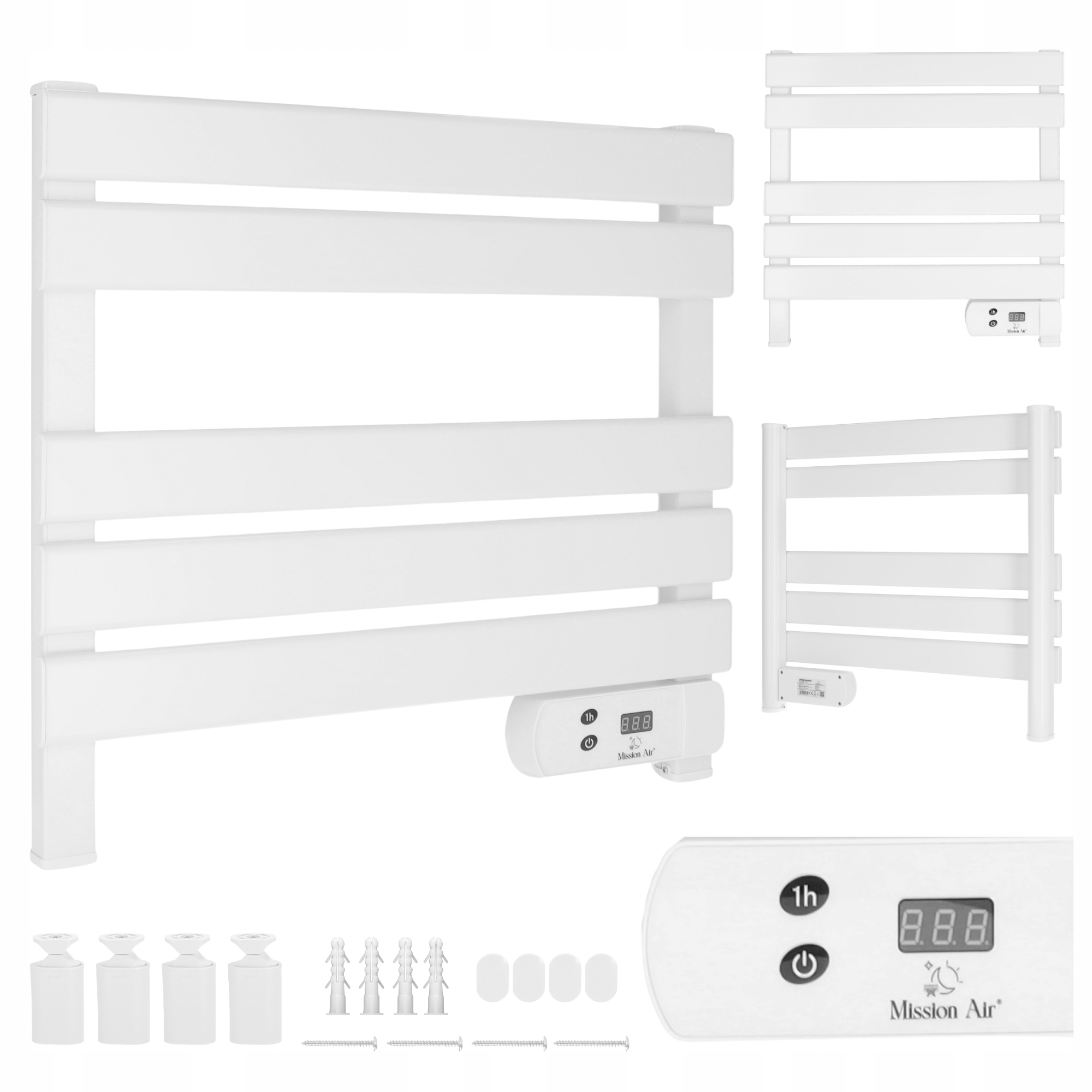 Biały podgrzewany wieszak na ręczniki z wyświetlaczem cyfrowym, przyciskiem zasilania i timerem. Akcesoria montażowe.