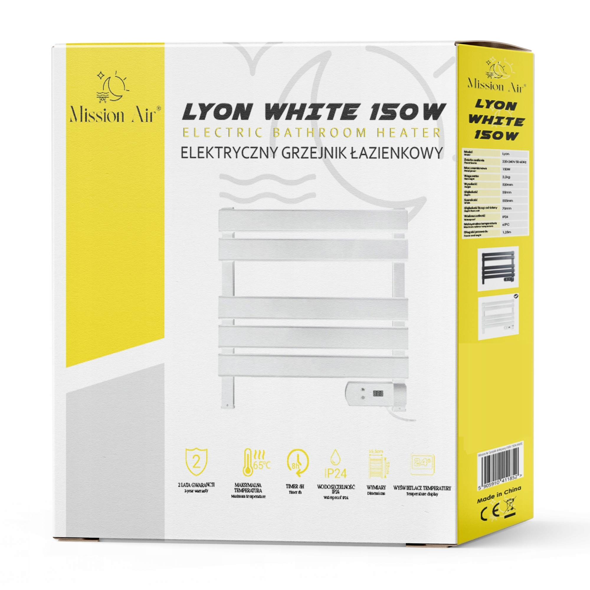 Białe i żółte pudełko przedstawia białą elektryczną grzałkę łazienkową. Tekst zawiera 'Mission Air' i szczegóły produktu.