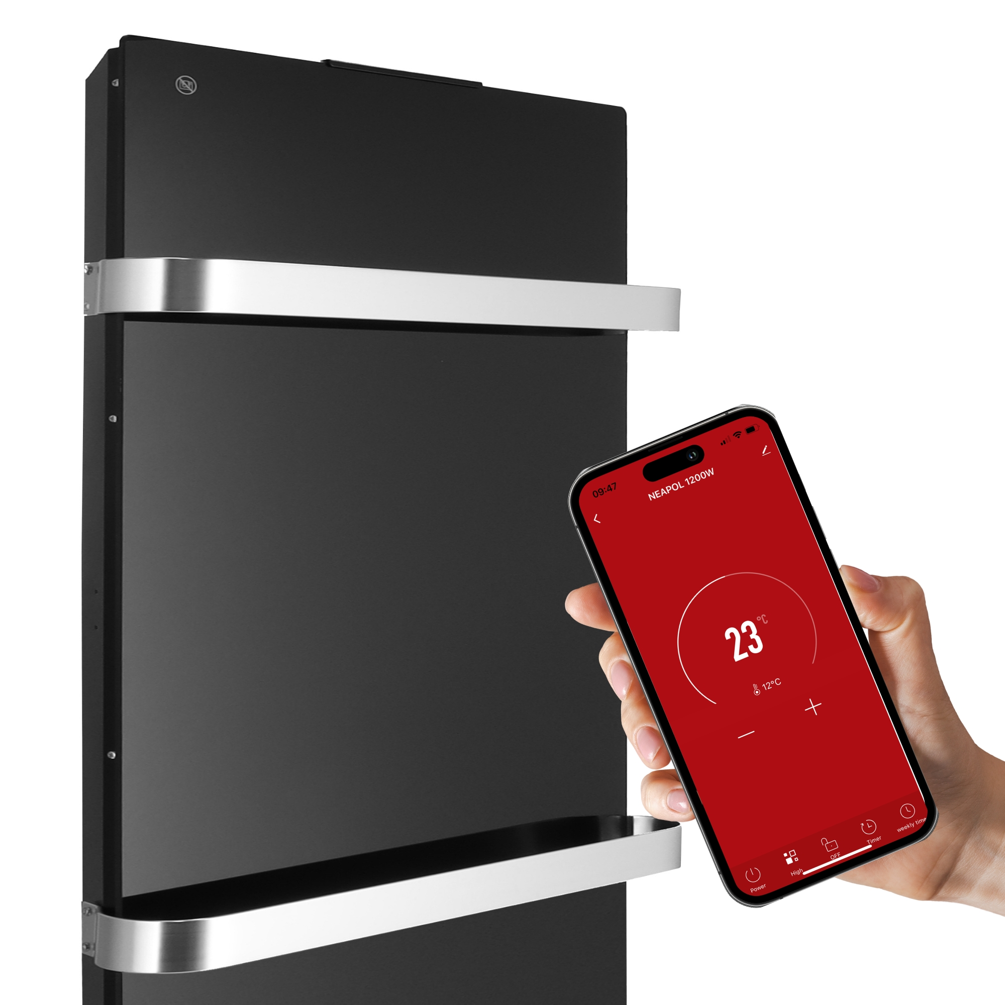 Czarny grzejnik ze srebrnymi prętami. Ręka trzyma telefon z czerwonym ekranem z temperaturą.