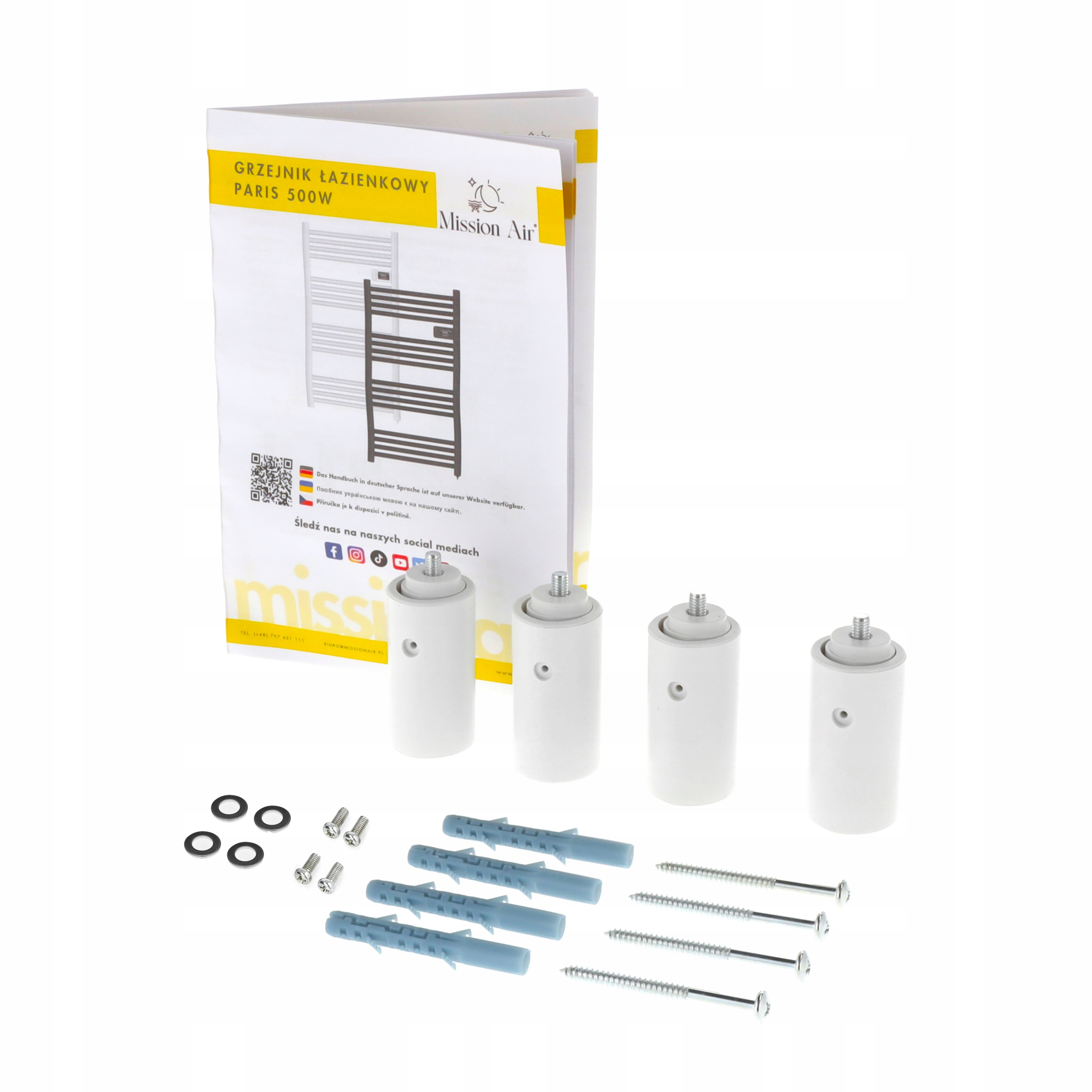 Biały grzejnik łazienkowy, części i instrukcja obsługi na białym tle. Tekst na instrukcji.