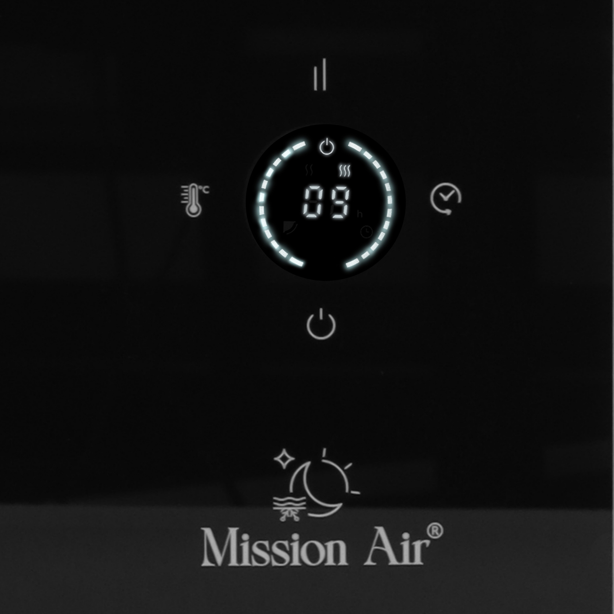 Czarny panel z cyfrowym wyświetlaczem '09', przyciskiem zasilania, ikoną temperatury i logo 'Mission Air'.