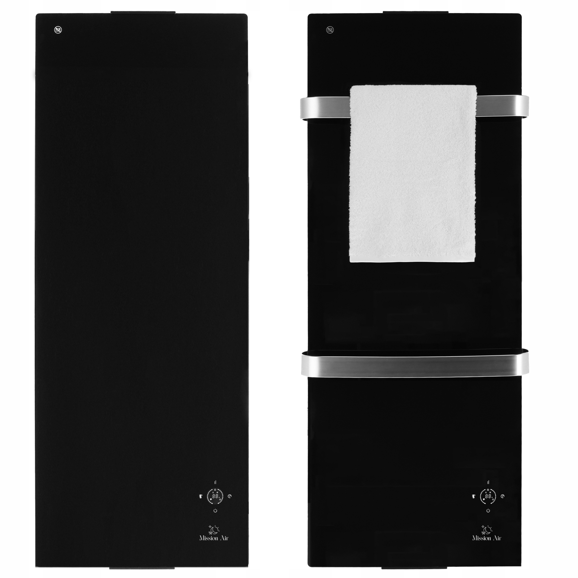 Dwa czarne panele. Jeden jest gładki, drugi ma biały ręcznik na srebrnym drążku. Oba mają logo i elementy sterujące.