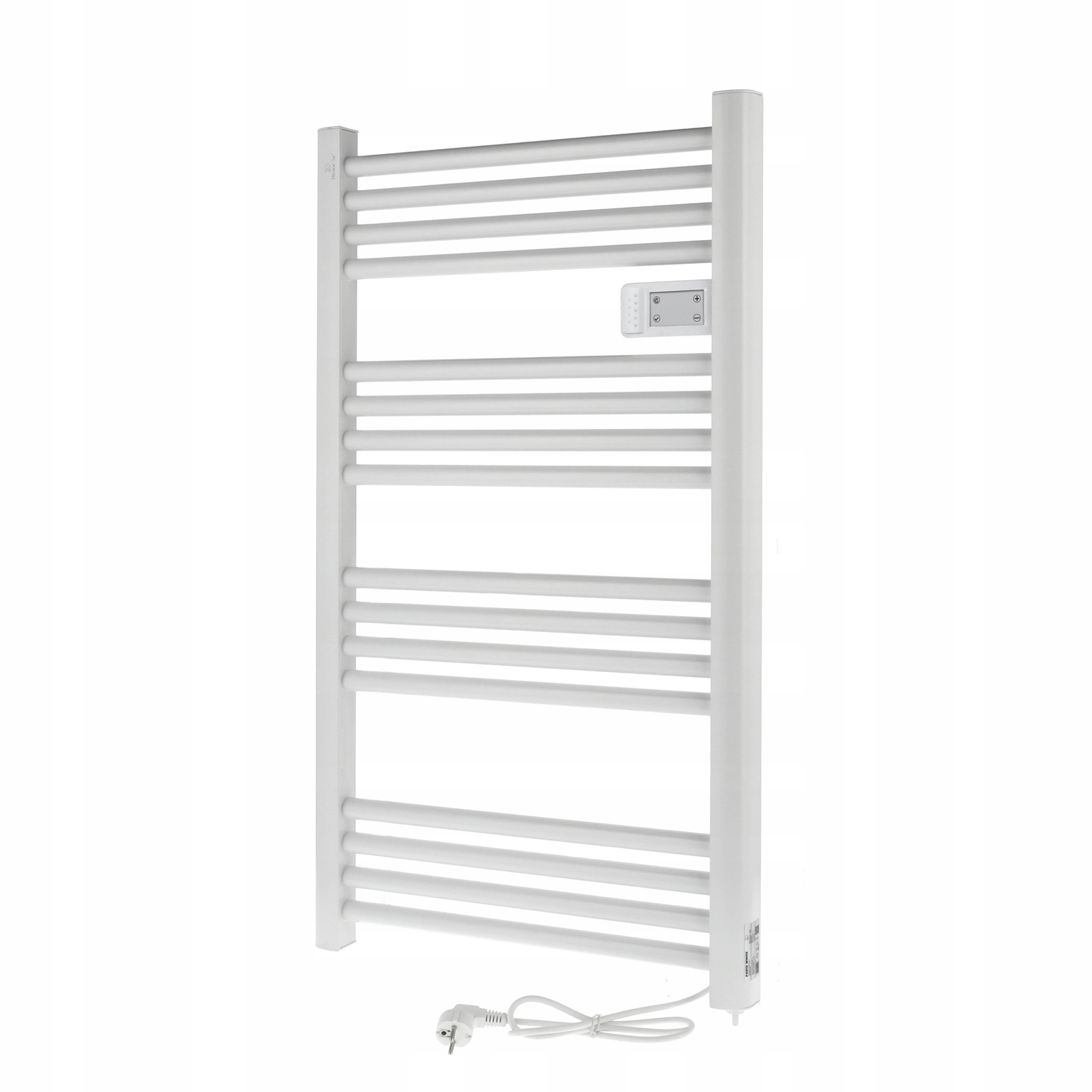 Biały, montowany na ścianie elektryczny podgrzewacz do ręczników. Posiada poziome pręty i panel sterowania.