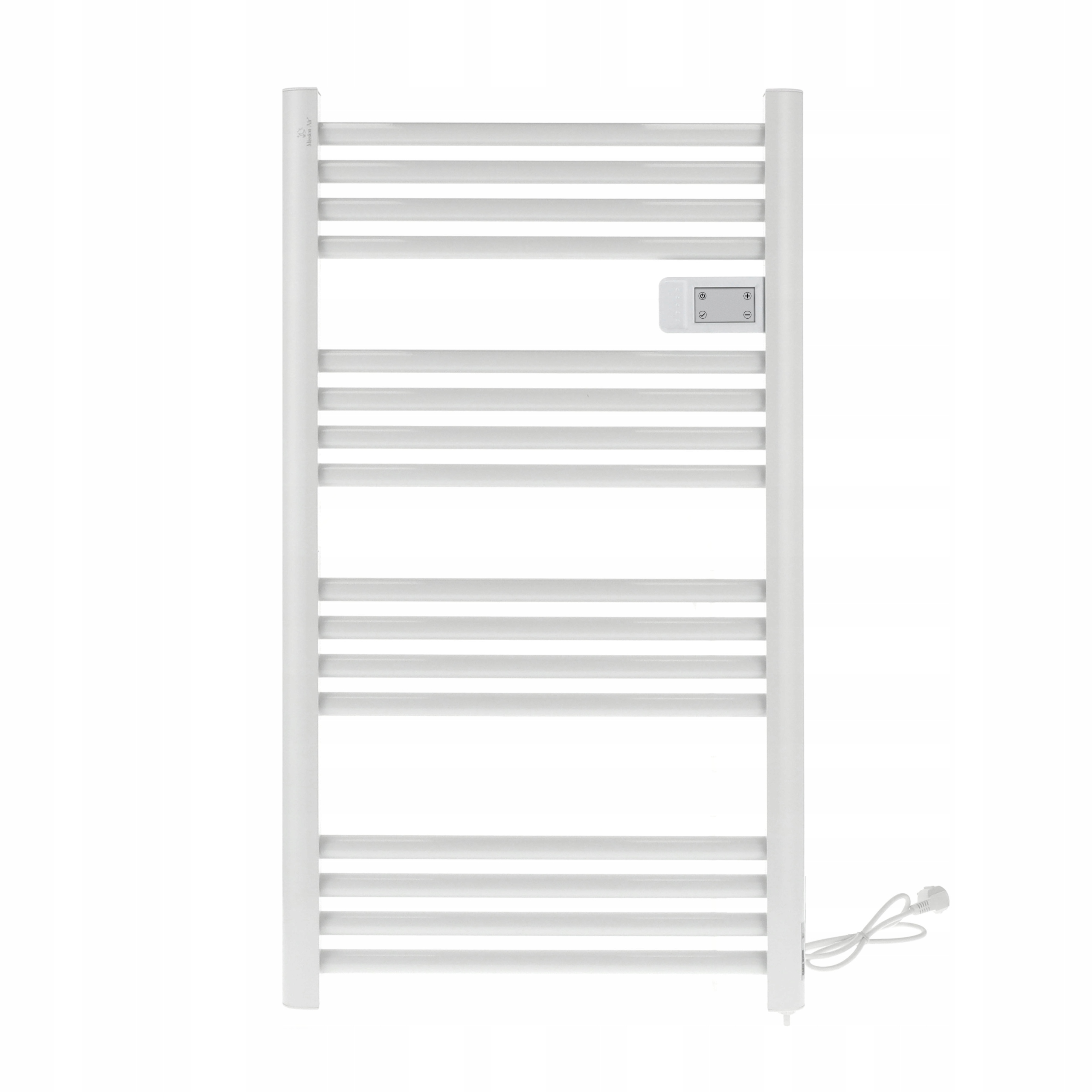 Biała suszarka do ręczników z poziomymi prętami i panelem sterowania na białym tle.