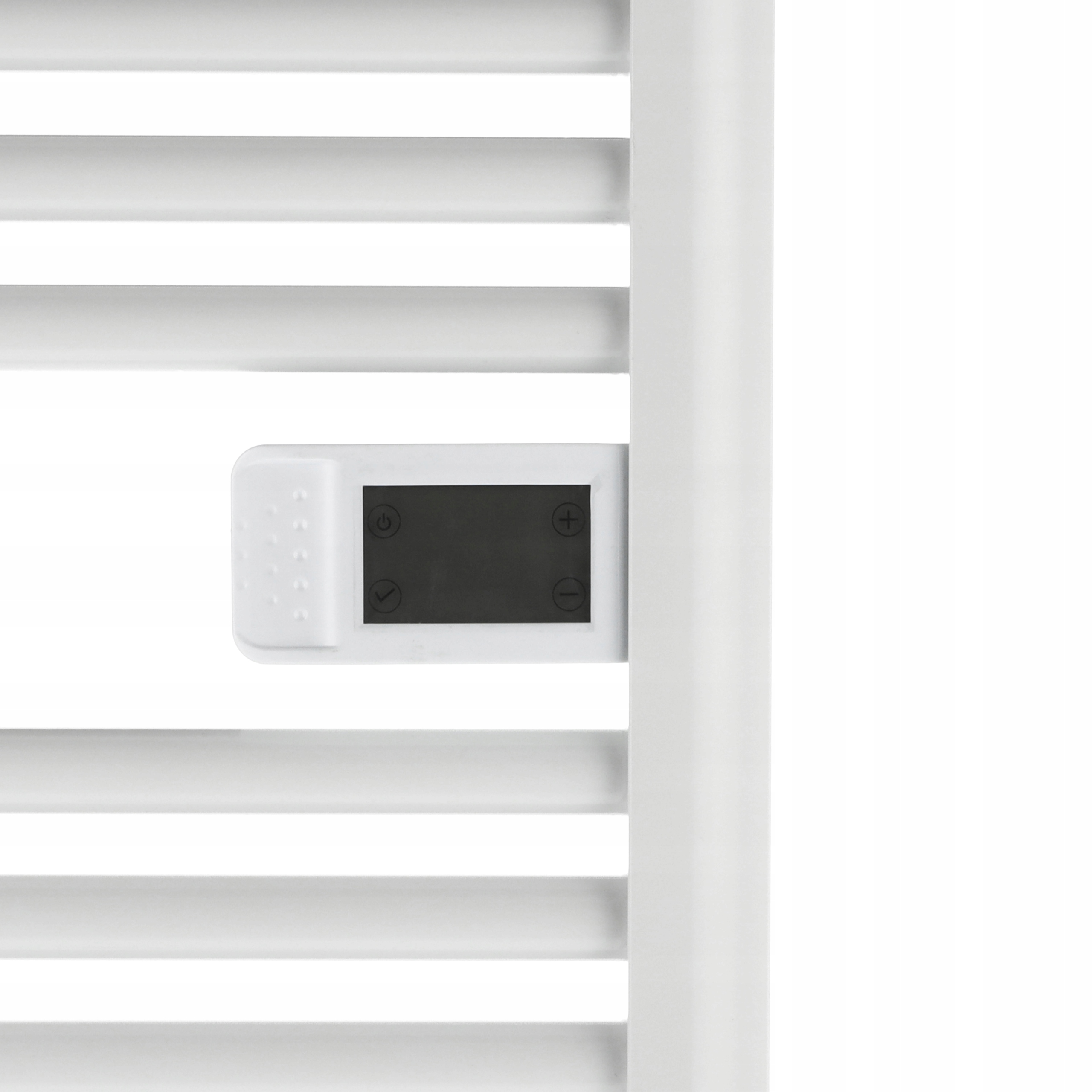 Biały grzejnik z poziomymi prętami i panelem sterowania z ikonami.