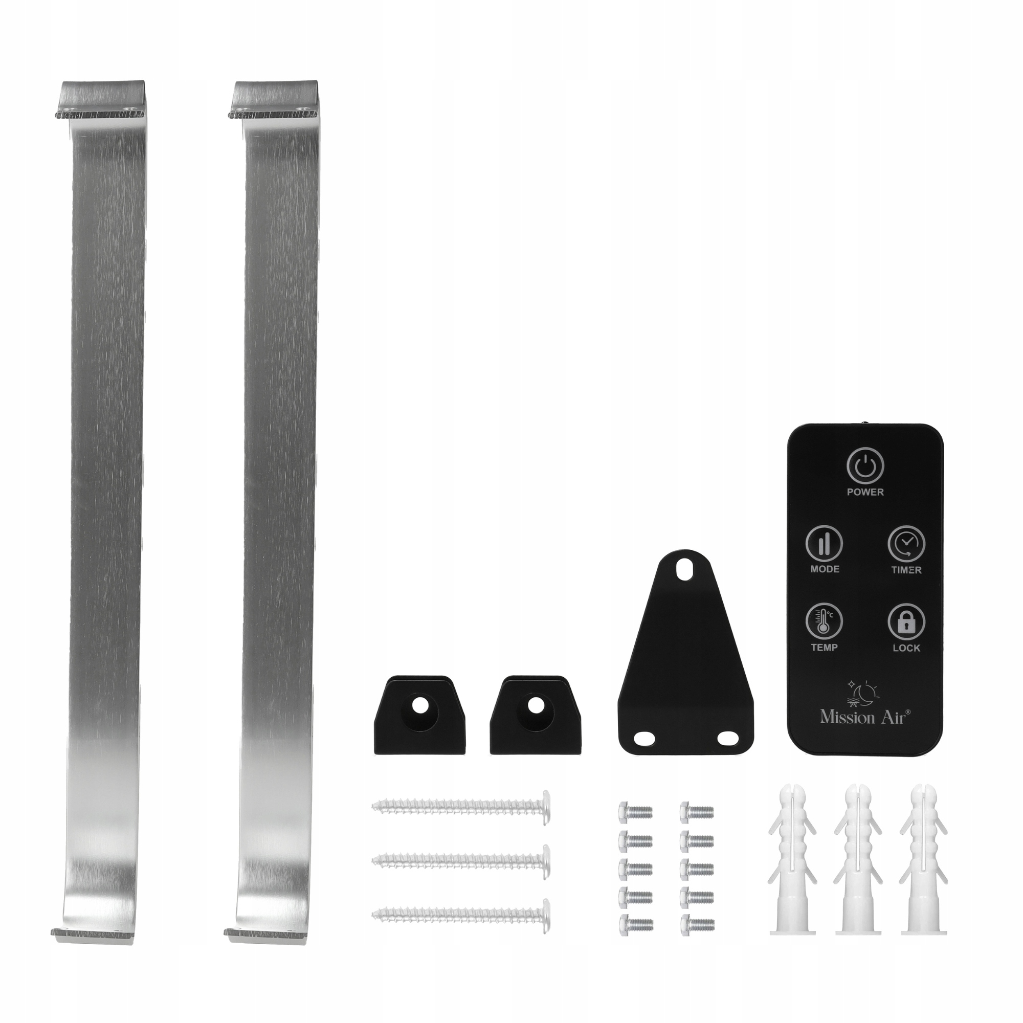 Zestaw z dwoma metalowymi paskami, śrubami, wspornikami, pilotem i kołkami. Wszystko do klimatyzatorów.