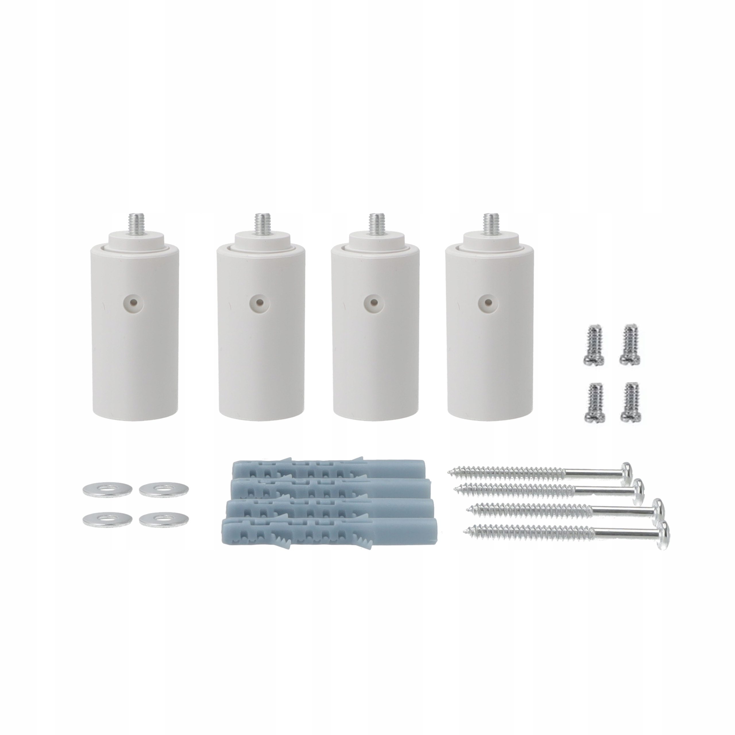Cztery białe cylindry, śruby, podkładki i szare kołki rozporowe na białym tle.